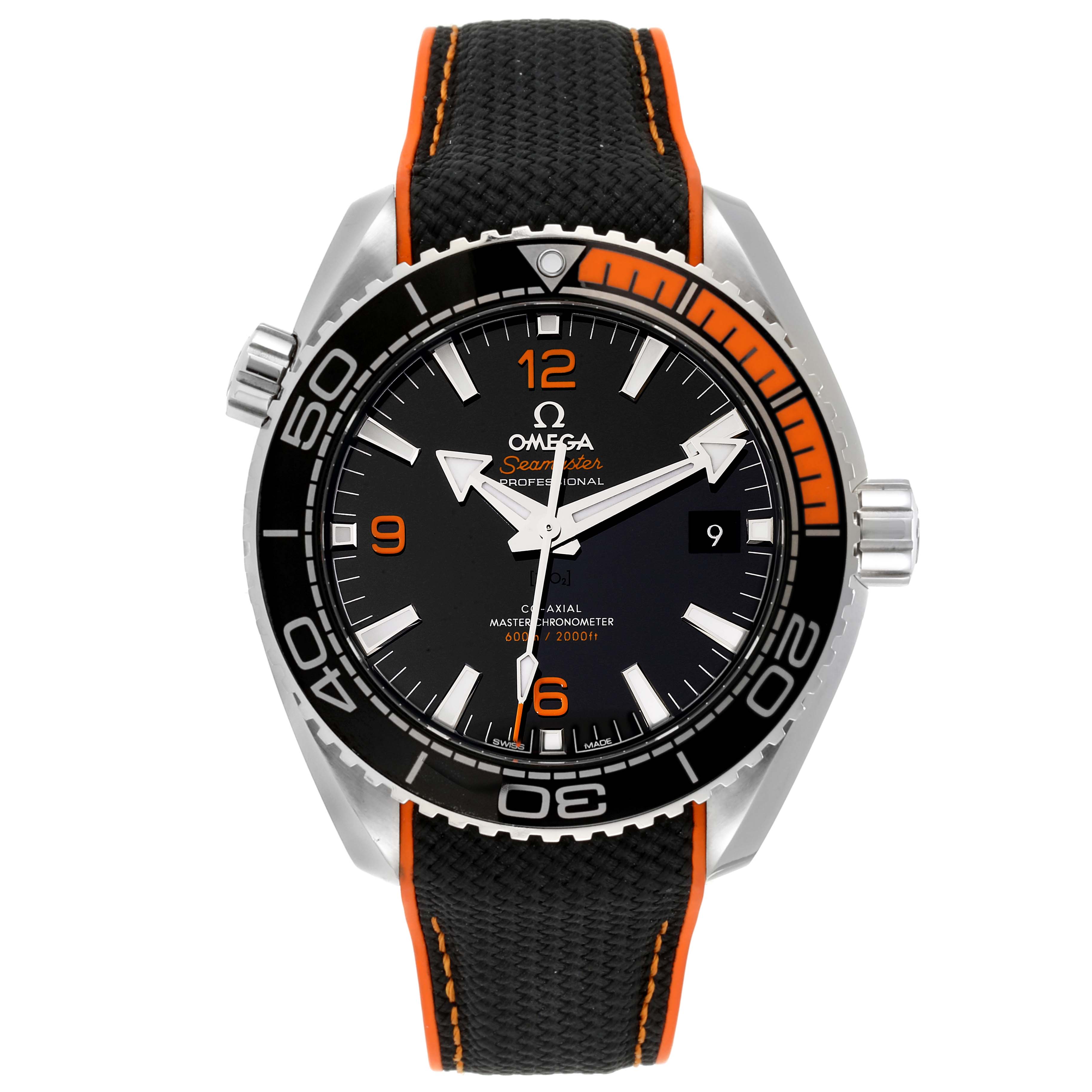 The image shows a front view of the Omega Planet Ocean 215.32.44.21.01.003 Men
s Stainless Steel Black Dial 215.32.44.21.01.003 Men
s Stainless Steel Black Dial watch, highlighting the dial, bezel, strap, and crown.