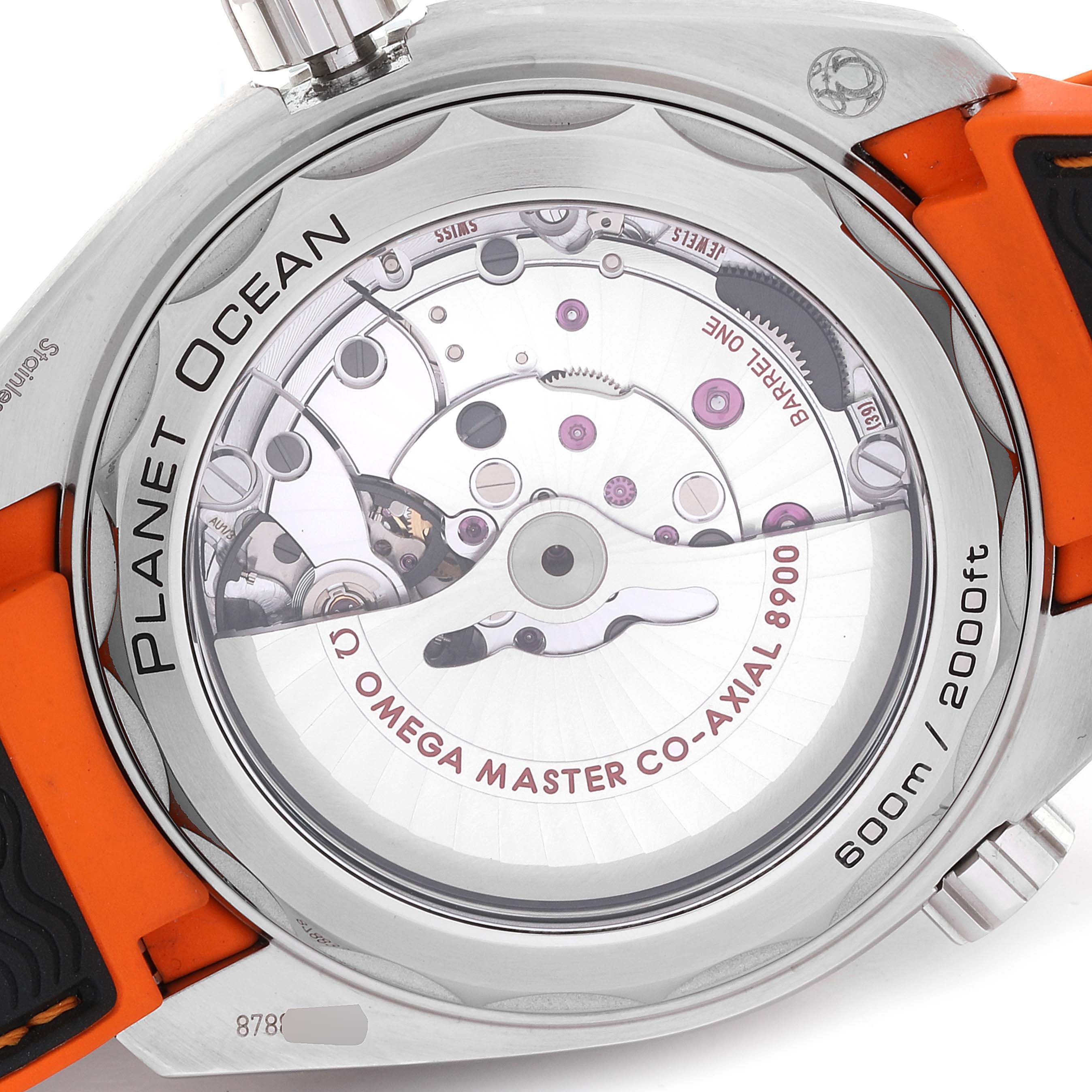 The image shows the rear view of the Omega Planet Ocean 215.32.44.21.01.003 Men
s Stainless Steel Black Dial 215.32.44.21.01.003 Men
s Stainless Steel Black Dial watch, highlighting the visible mechanical movement and rotor.