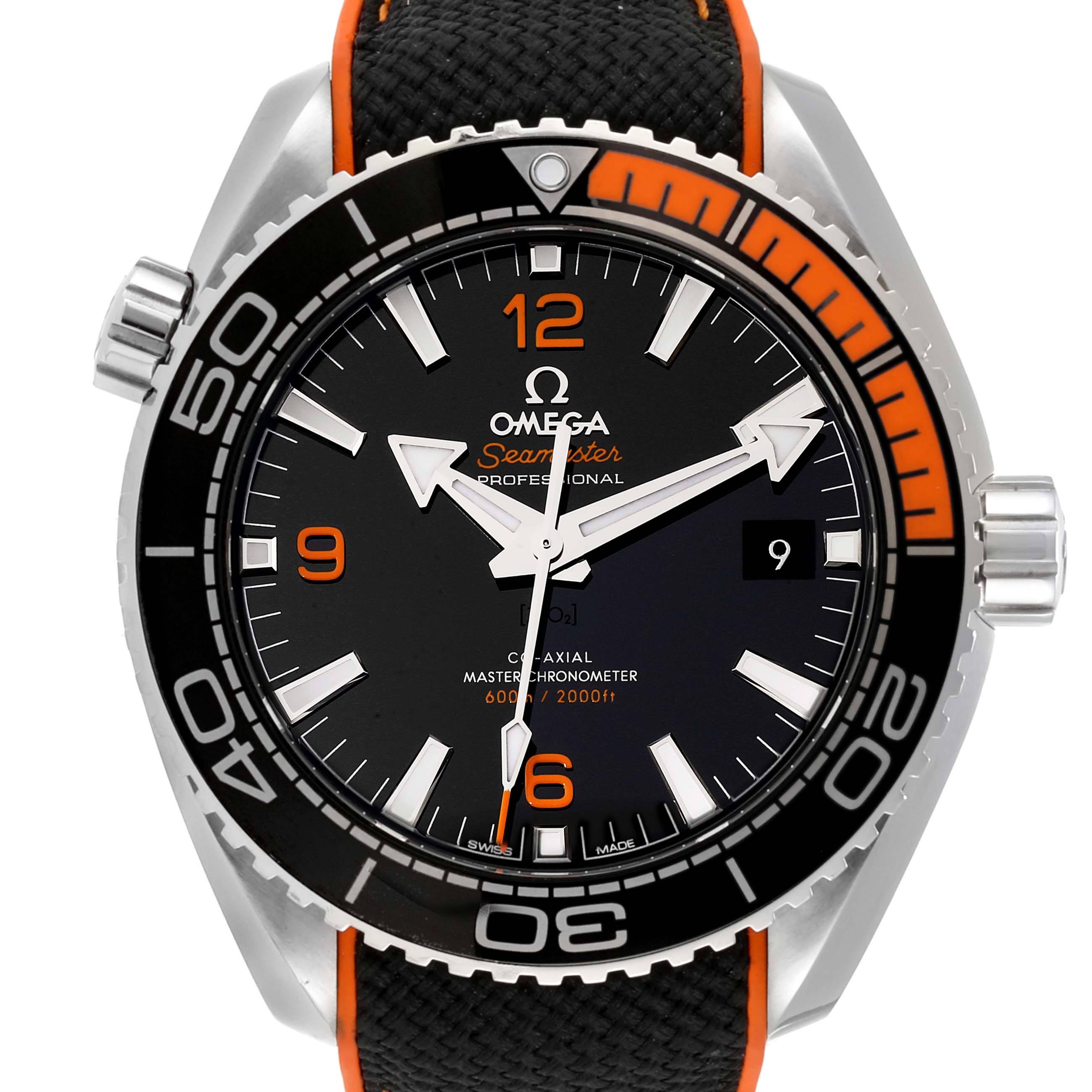 The image shows the front view of an Omega Planet Ocean 215.32.44.21.01.003 Men
s Stainless Steel Black Dial 215.32.44.21.01.003 Men
s Stainless Steel Black Dial Seamaster watch with visible hands, numerals, and bezel.