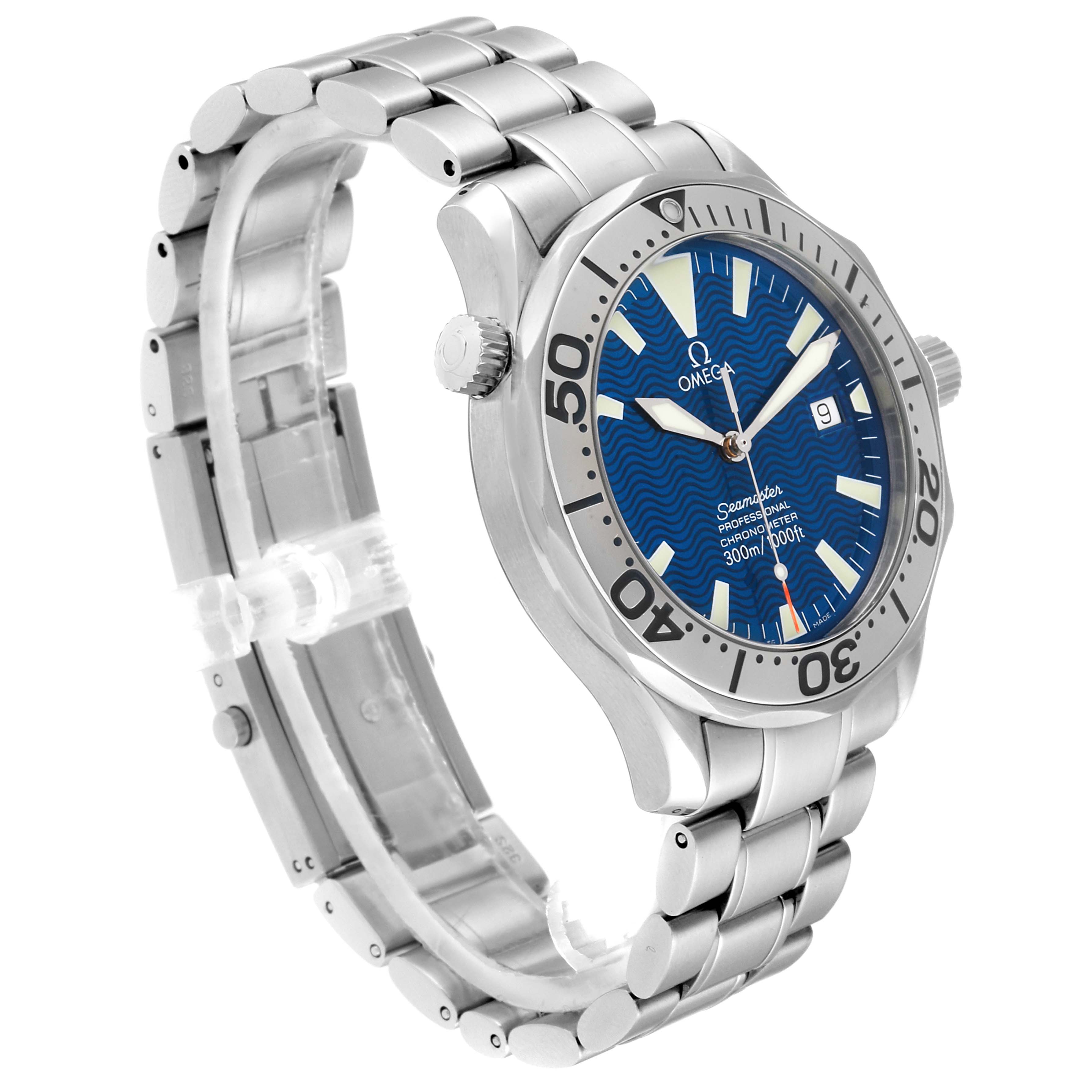 The Omega Seamaster 2255.80.00 Men
s Stainless Steel Blue Dial 2255.80.00 Men
s Stainless Steel Blue Dial watch is shown at a side angle, highlighting the stainless steel bracelet, bezel, and blue dial.