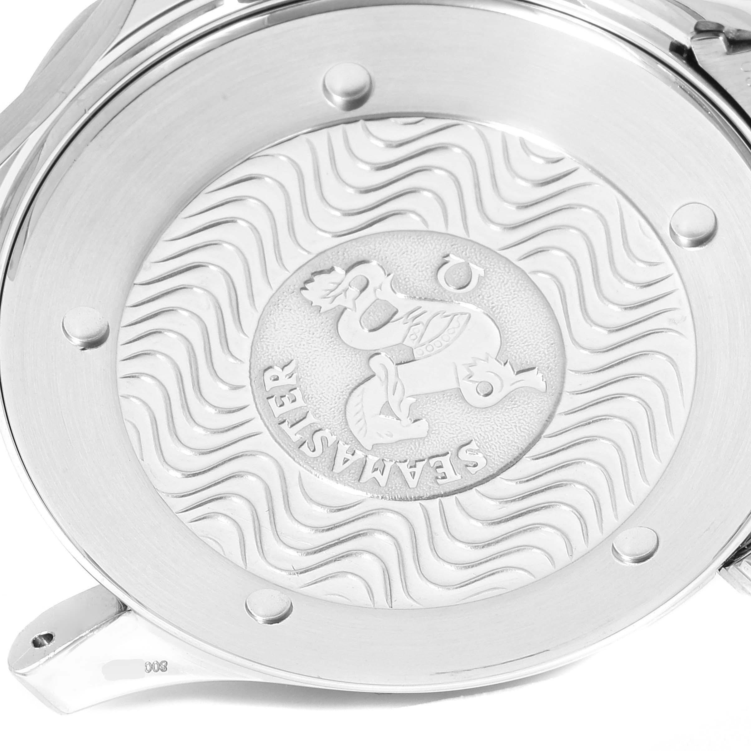 The image shows the case back of an Omega Seamaster 2255.80.00 Men
s Stainless Steel Blue Dial 2255.80.00 Men
s Stainless Steel Blue Dial watch with embossed wavy patterns and the Seamaster logo.