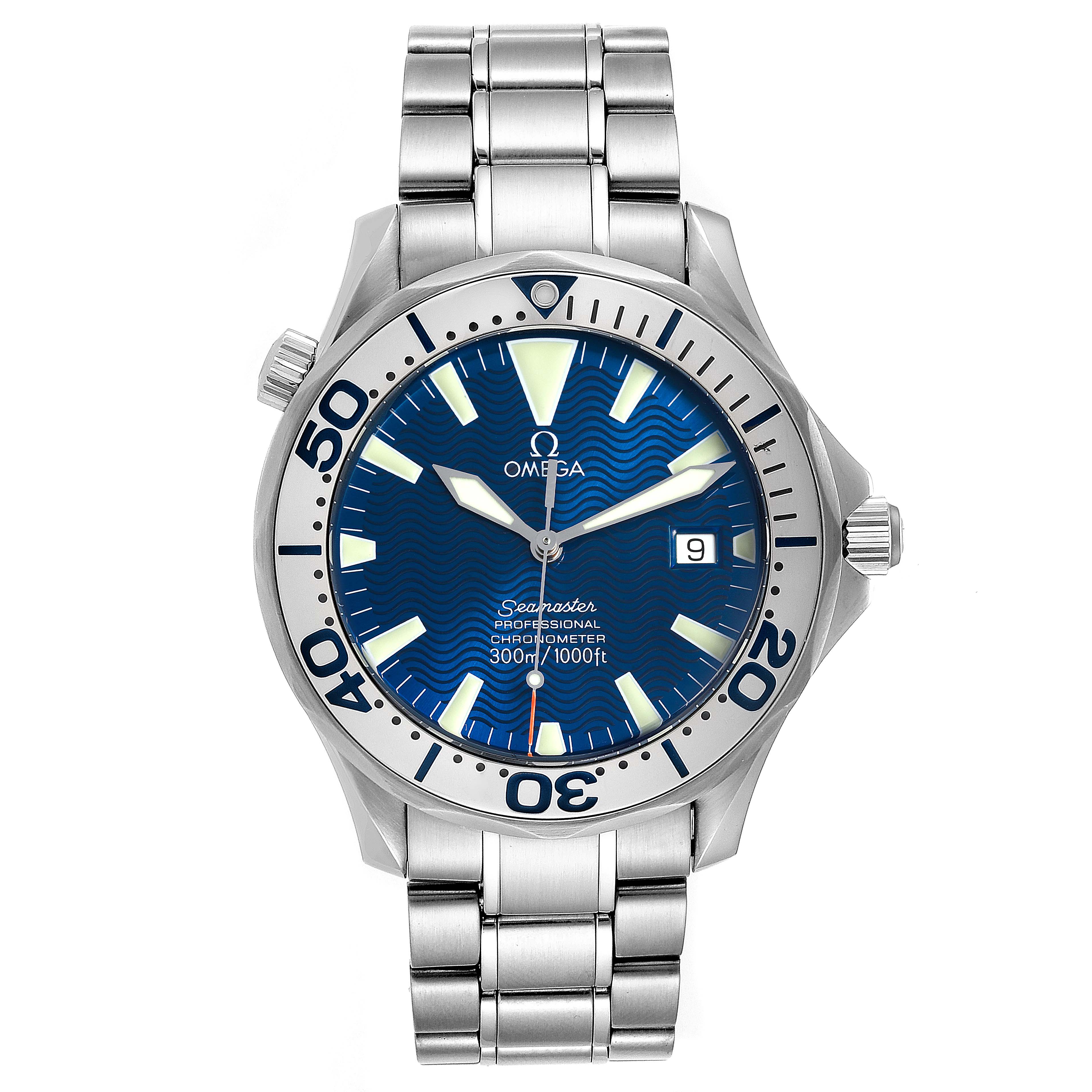 The image shows a front view of an Omega Seamaster 2255.80.00 Men
s Stainless Steel Blue Dial 2255.80.00 Men
s Stainless Steel Blue Dial watch, displaying its face, bezel, bracelet, and crown.