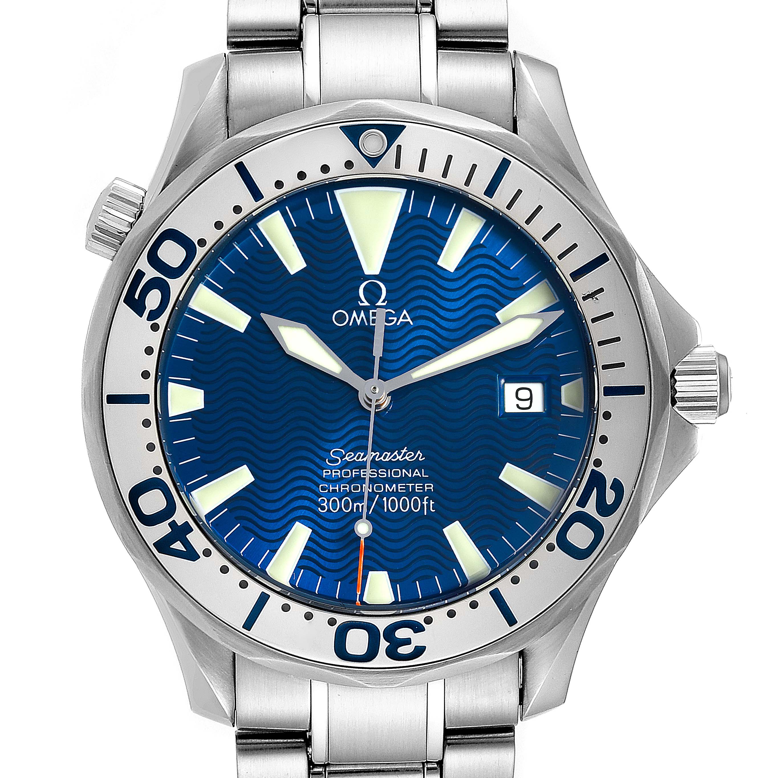 This image shows a front view of the Omega Seamaster 2255.80.00 Men
s Stainless Steel Blue Dial 2255.80.00 Men
s Stainless Steel Blue Dial watch, highlighting its blue dial, bezel, and stainless steel band.