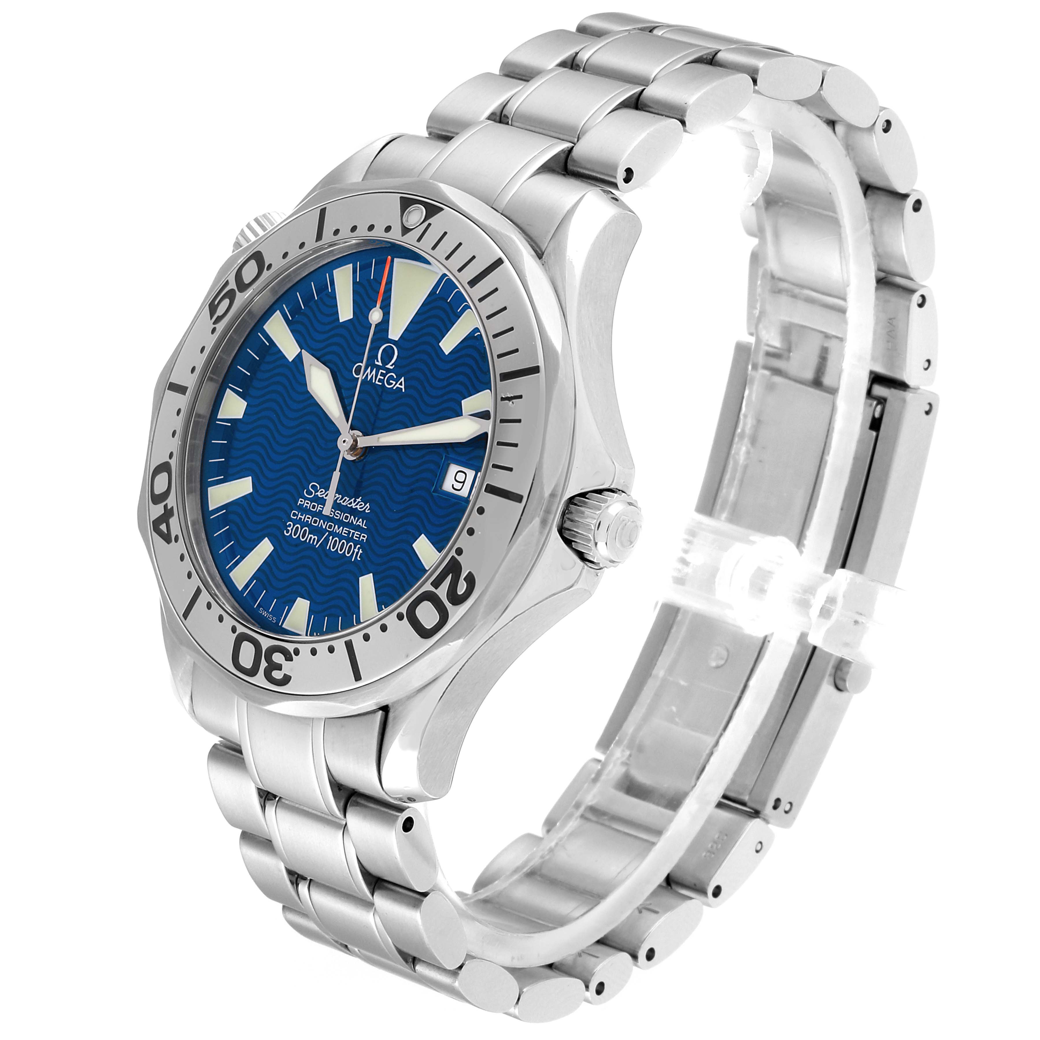The image shows an Omega Seamaster 2255.80.00 Men
s Stainless Steel Blue Dial 2255.80.00 Men
s Stainless Steel Blue Dial watch at an angle, highlighting the bezel, dial, crown, and metal bracelet.
