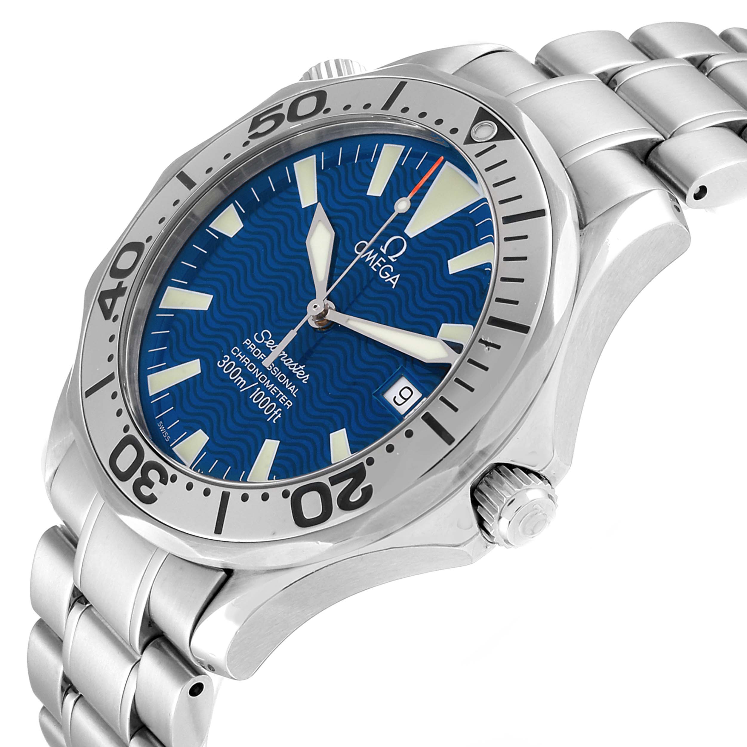 The image shows a side angle of the Omega Seamaster 2255.80.00 Men
s Stainless Steel Blue Dial 2255.80.00 Men
s Stainless Steel Blue Dial watch, highlighting its blue dial, bezel, and metallic bracelet.