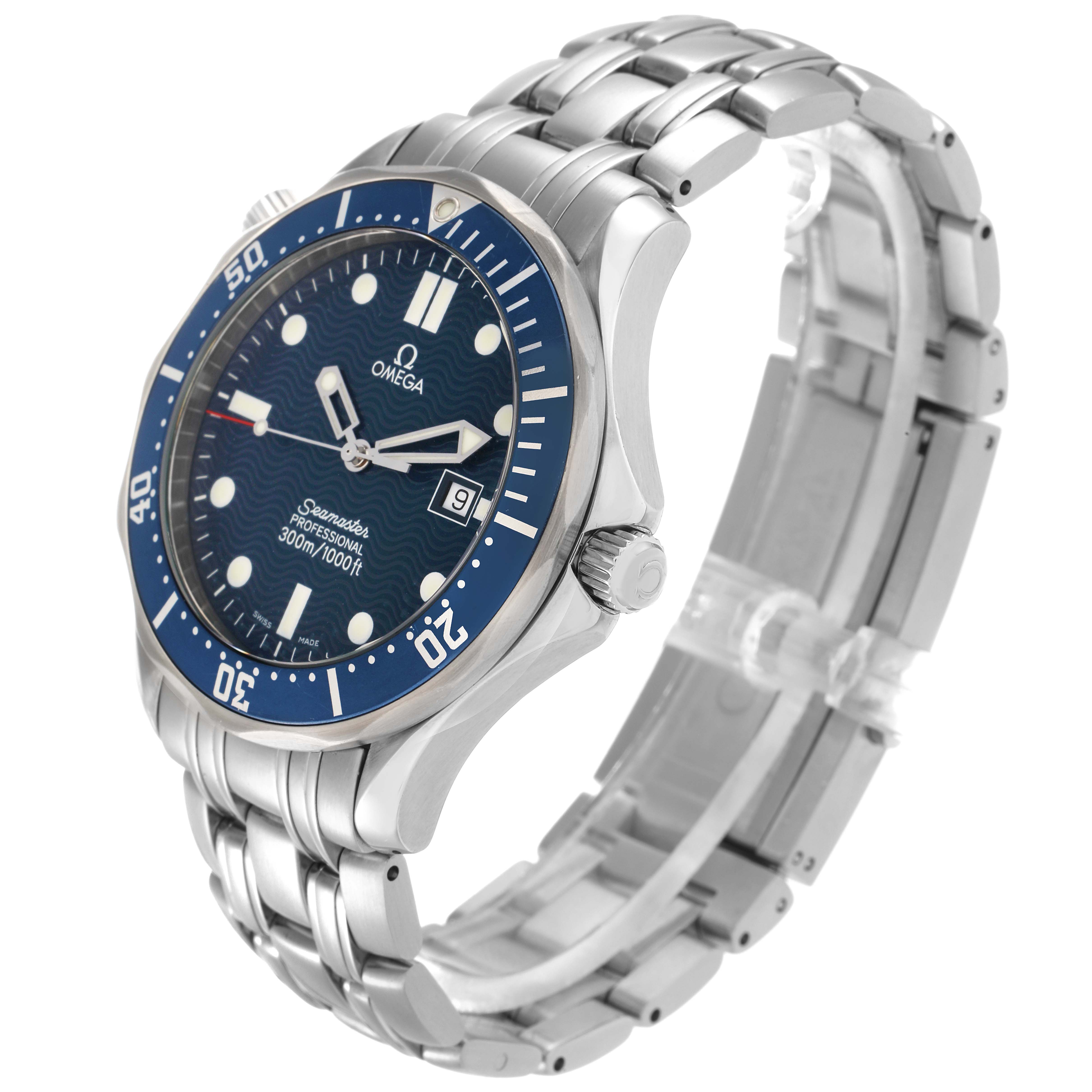 The Omega Seamaster 2541.80.00 Men
s Stainless Steel Blue Dial watch is shown at an angled side view, highlighting the bezel, dial, crown, and metal bracelet.