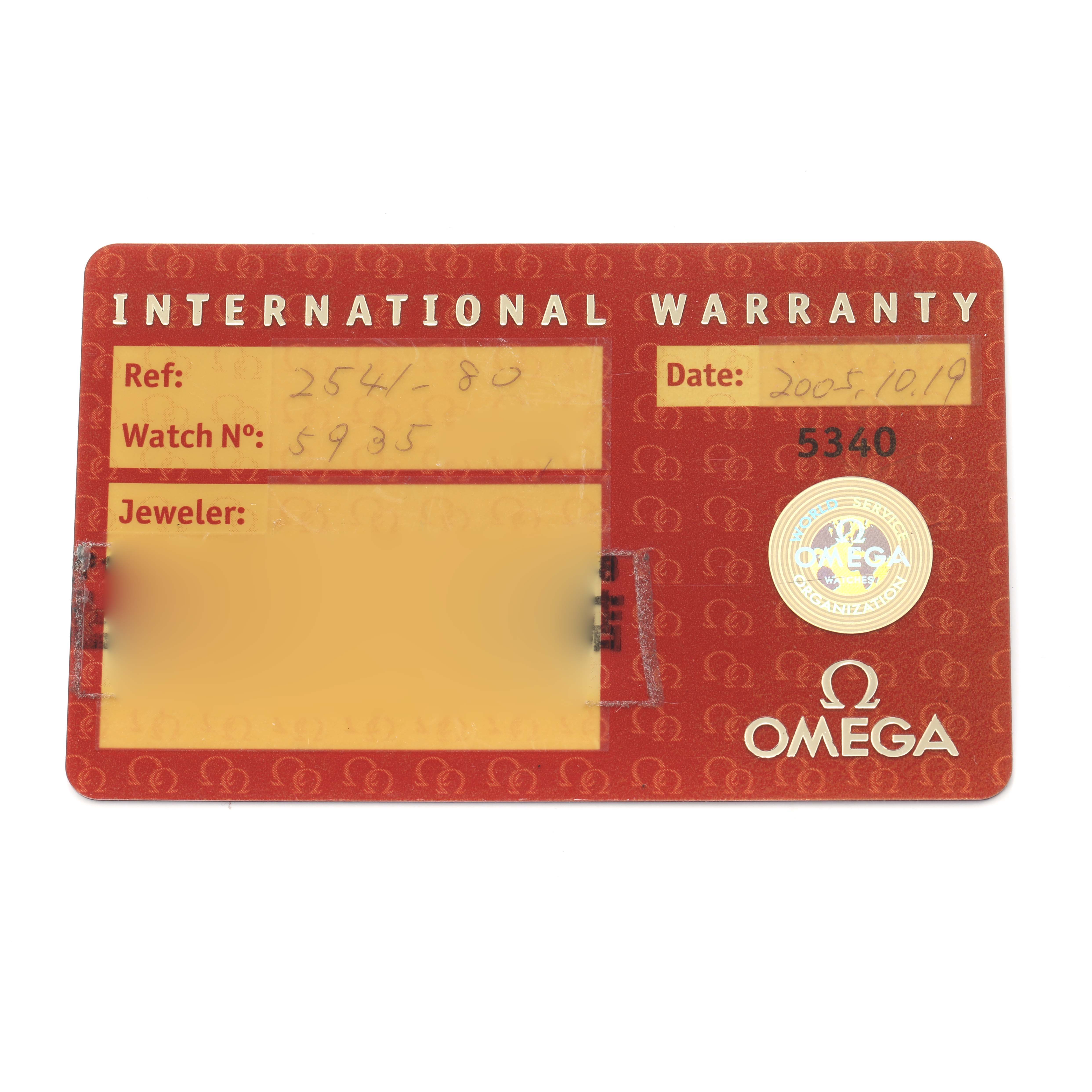 The image shows an Omega Seamaster 2541.80.00 Men
s Stainless Steel Blue Dial international warranty card, displaying reference and date details.