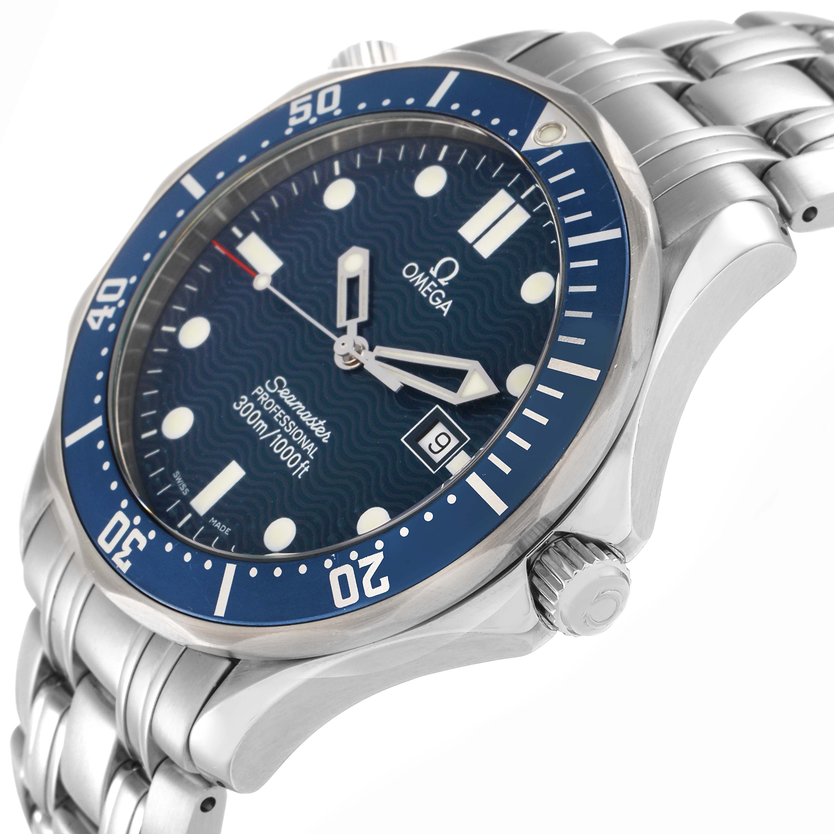 The Omega Seamaster 2541.80.00 Men
s Stainless Steel Blue Dial watch is shown from a tilted side angle, displaying the face, bezel, crown, and bracelet.