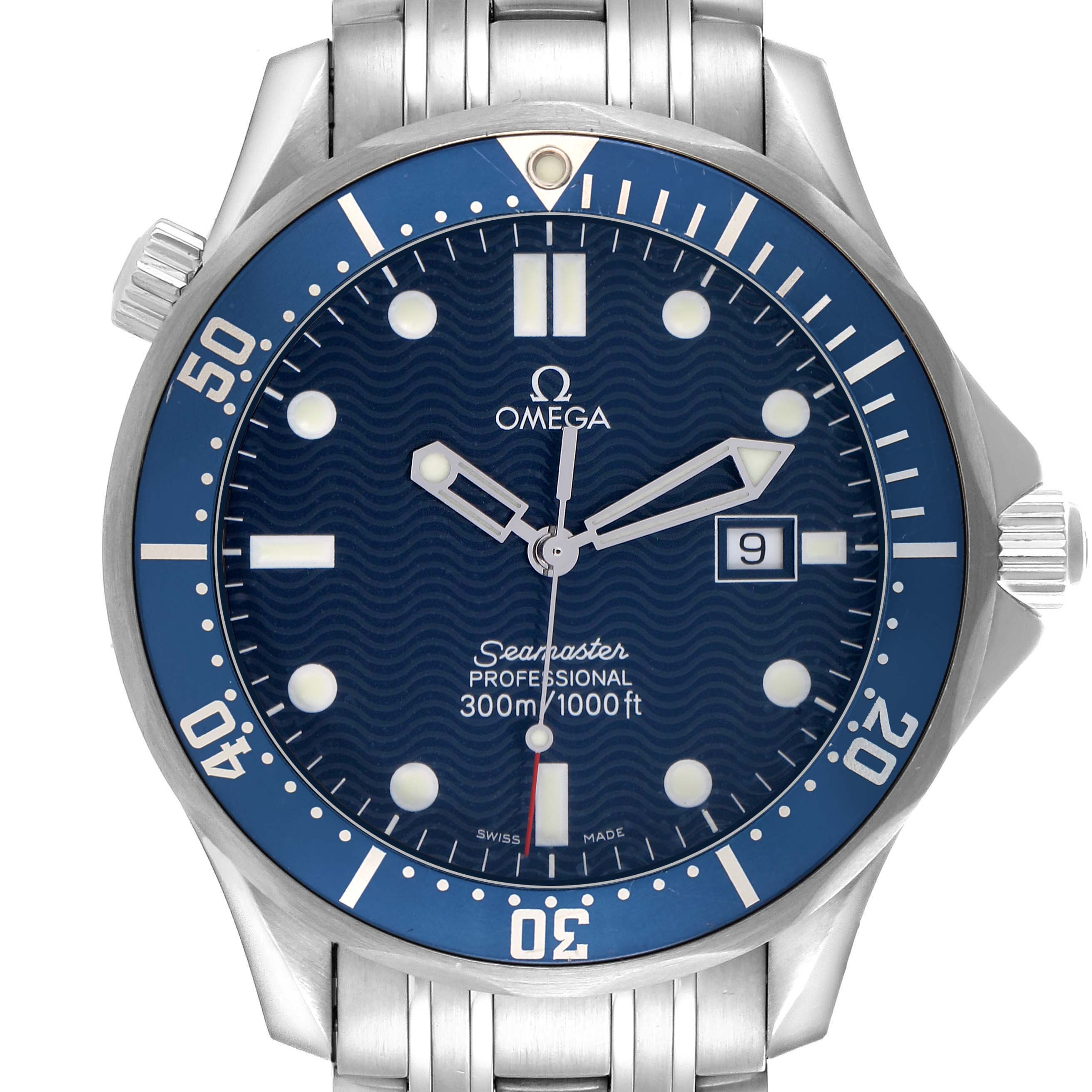 The Omega Seamaster 2541.80.00 Men
s Stainless Steel Blue Dial watch is shown from the front, highlighting its blue dial, bezel, and stainless steel bracelet.