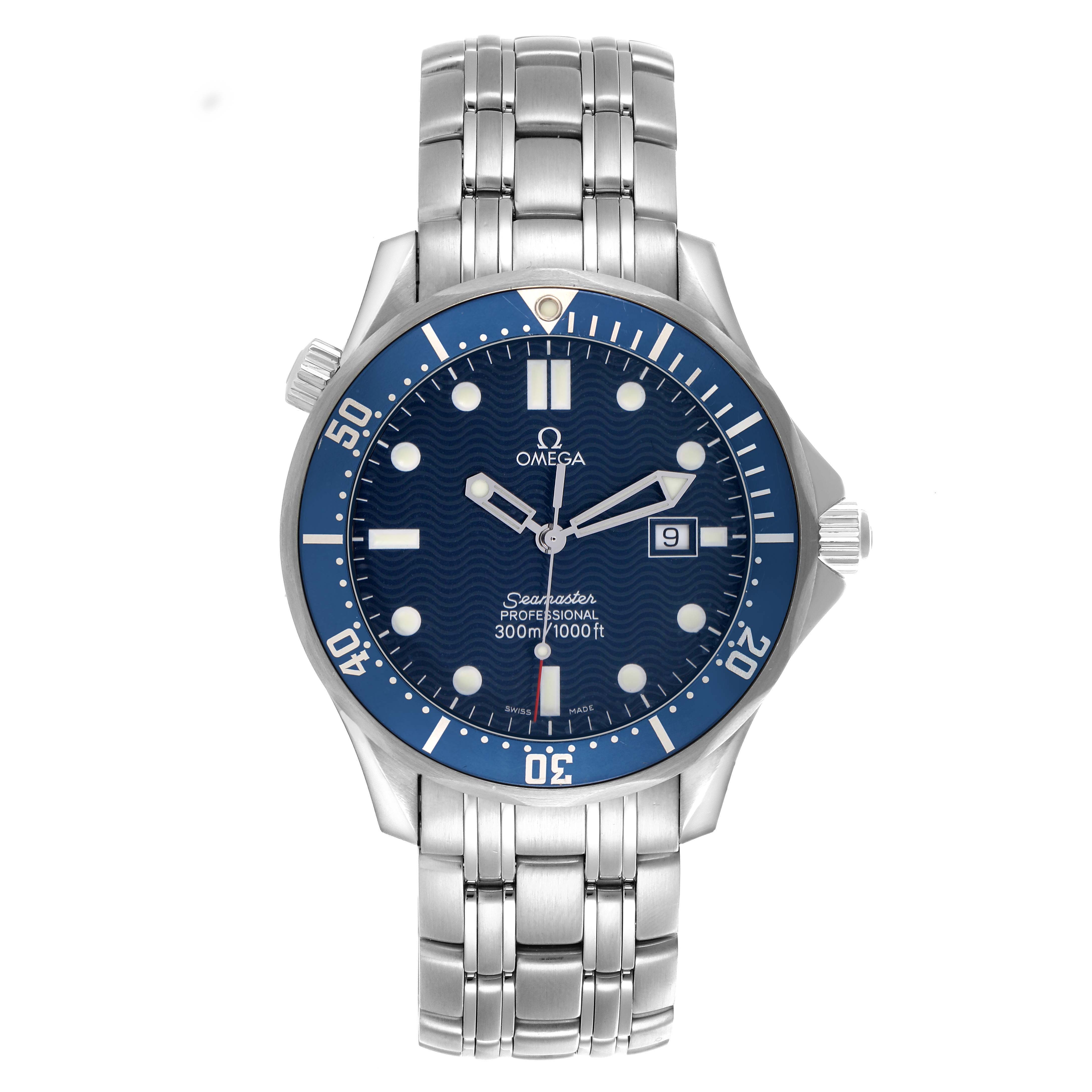 The Omega Seamaster 2541.80.00 Men
s Stainless Steel Blue Dial watch is shown from a front view, highlighting the dial, bezel, and metal bracelet.