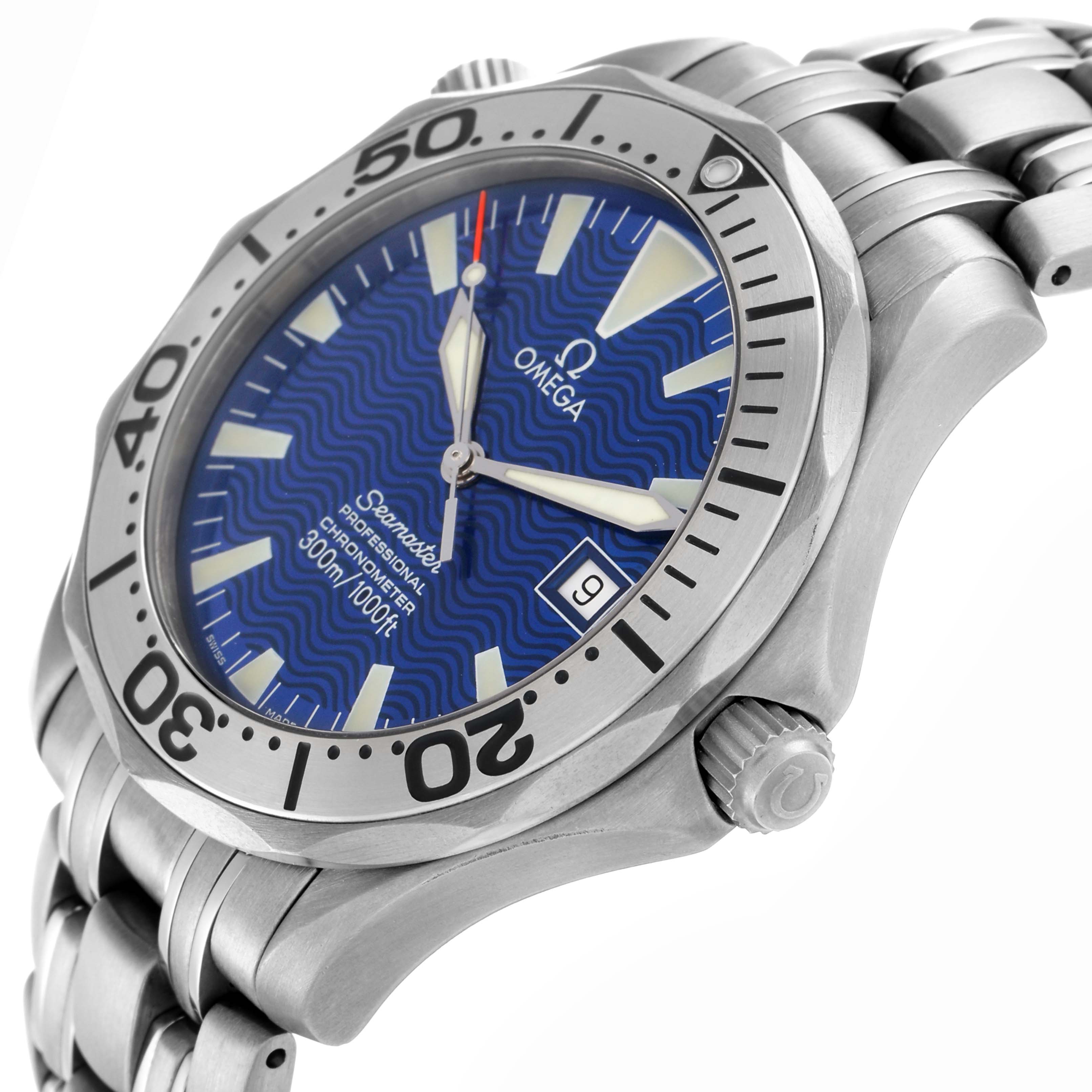 The Omega Seamaster 2231.80.00 Men
s Titanium Blue Dial watch is shown in a close-up side angle, highlighting the bezel, crown, dial, and bracelet.