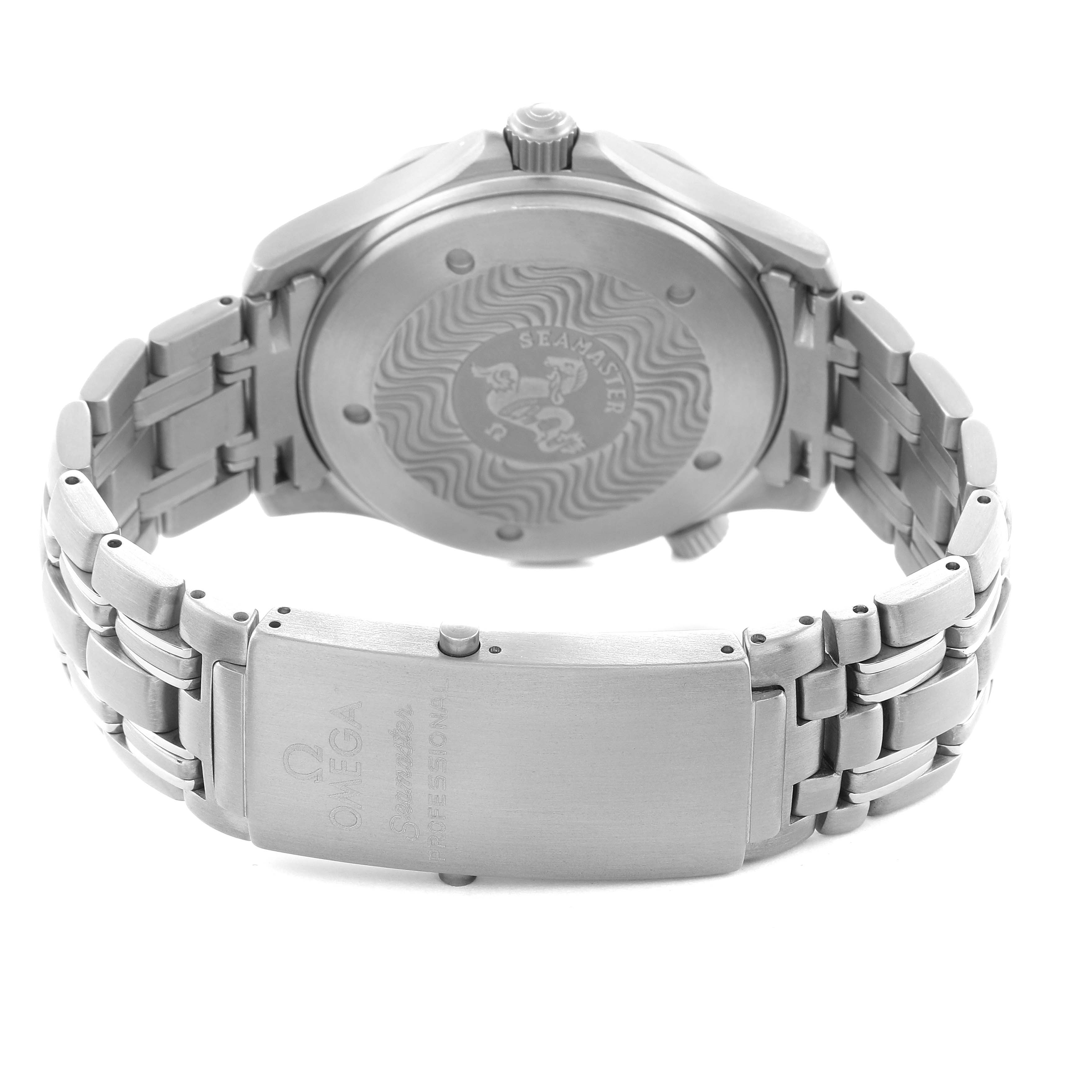 The image shows the back and clasp of an Omega Seamaster 2231.80.00 Men
s Titanium Blue Dial watch, featuring the engraved case back and metal bracelet.