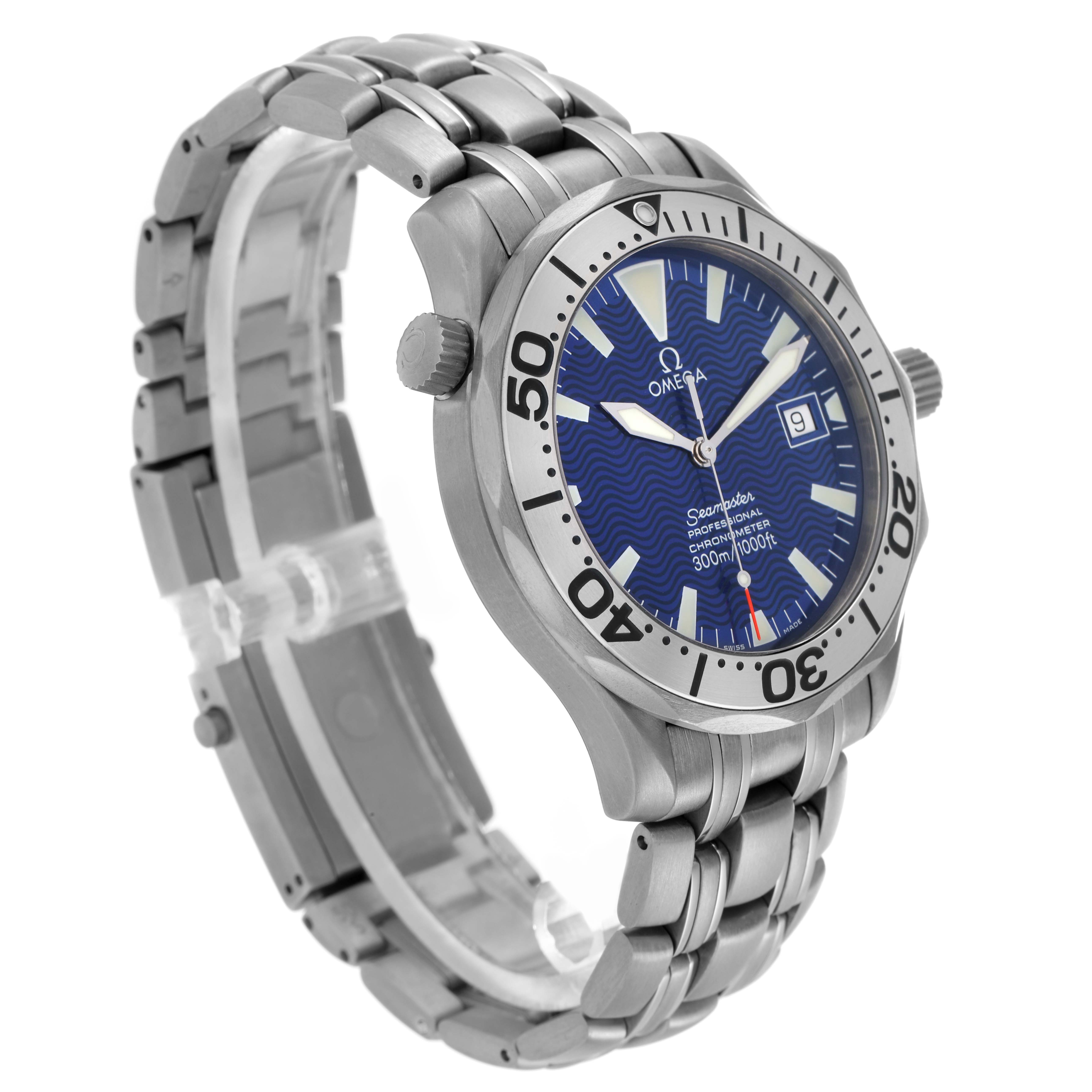 The Omega Seamaster 2231.80.00 Men
s Titanium Blue Dial watch is shown at a three-quarter angle, displaying the face, bezel, crown, and bracelet.