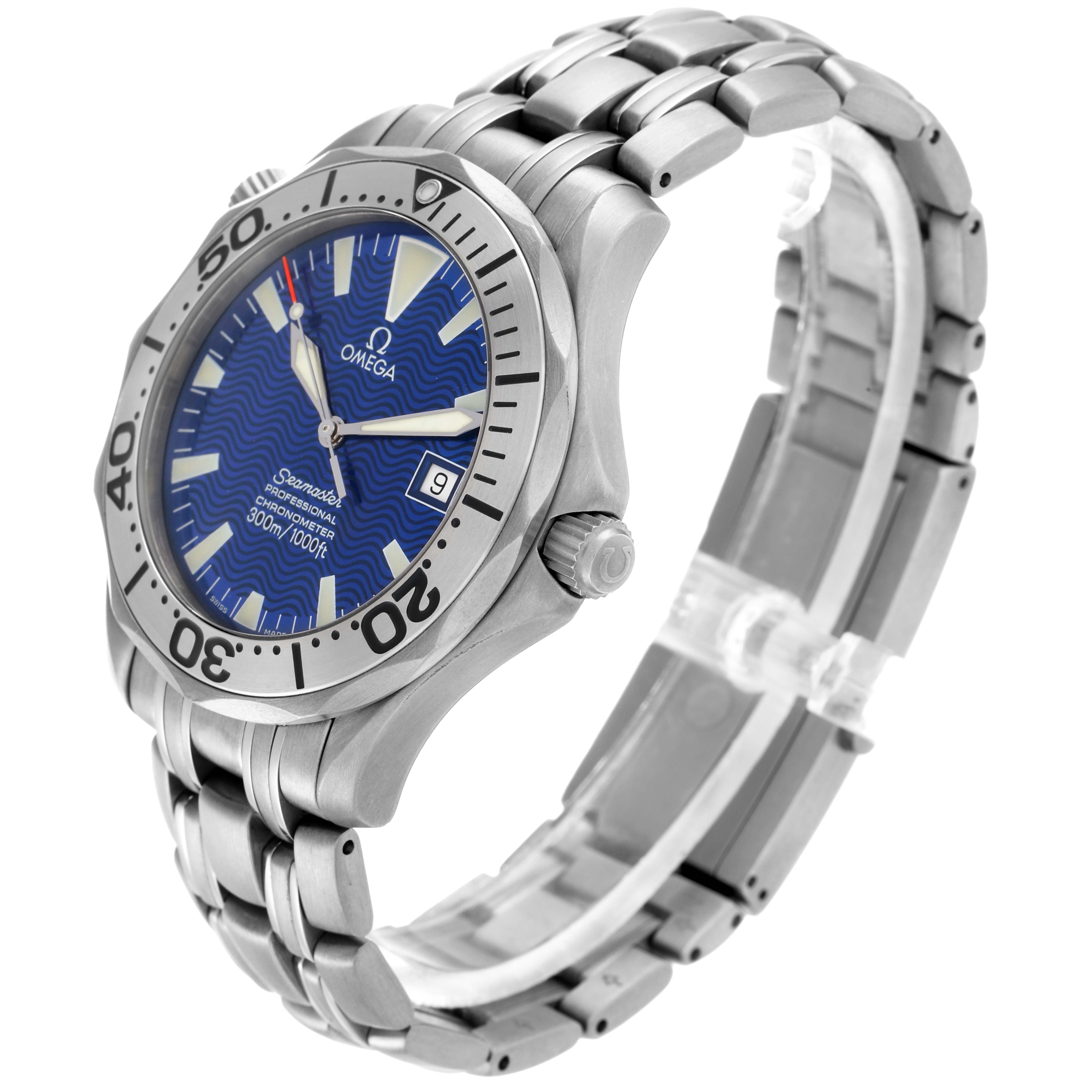 The Omega Seamaster 2231.80.00 Men
s Titanium Blue Dial watch is shown at a slight angle, displaying the face, bezel, crown, and part of the bracelet.