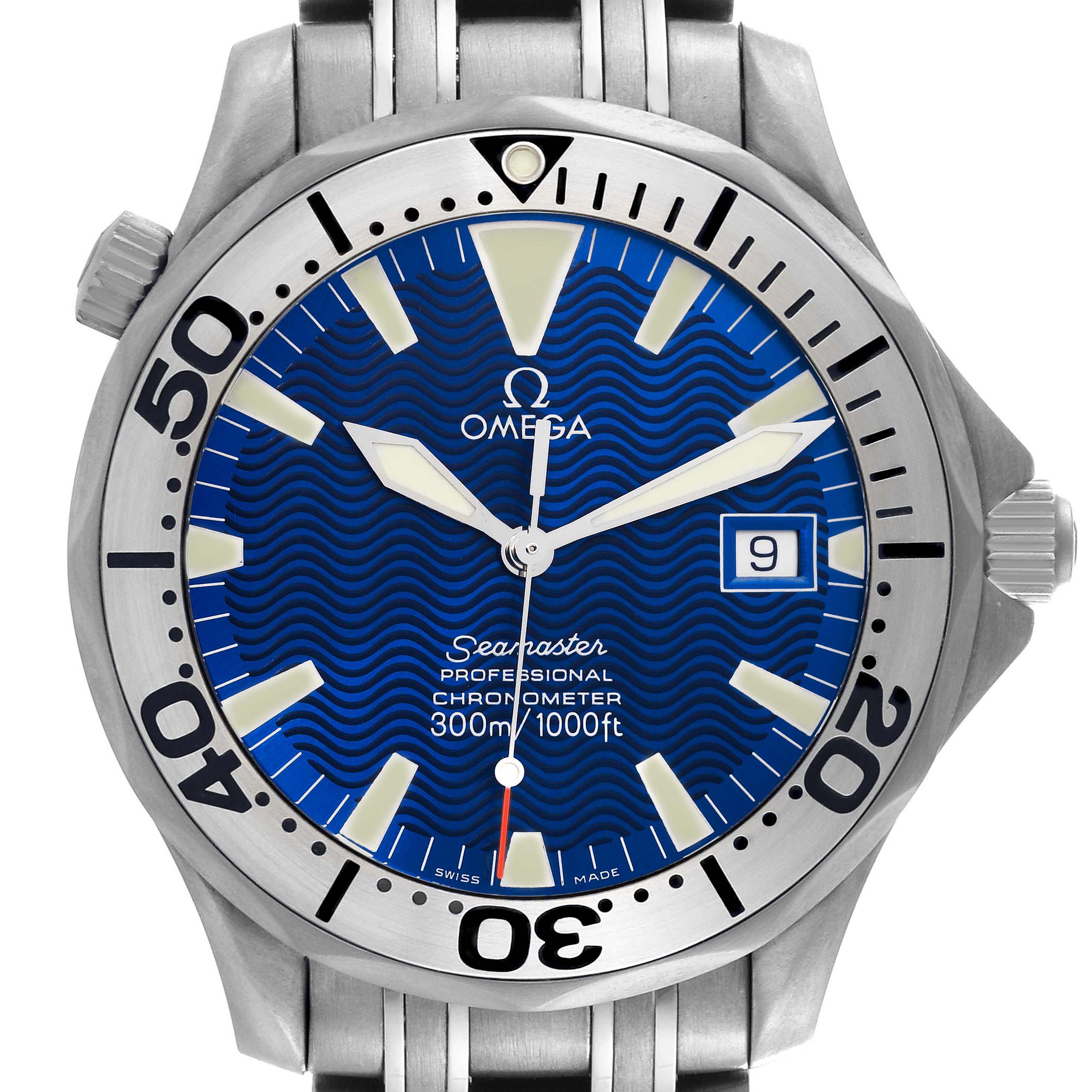 The Omega Seamaster 2231.80.00 Men
s Titanium Blue Dial watch is shown from a front angle, highlighting the dial, hands, bezel, and part of the bracelet.