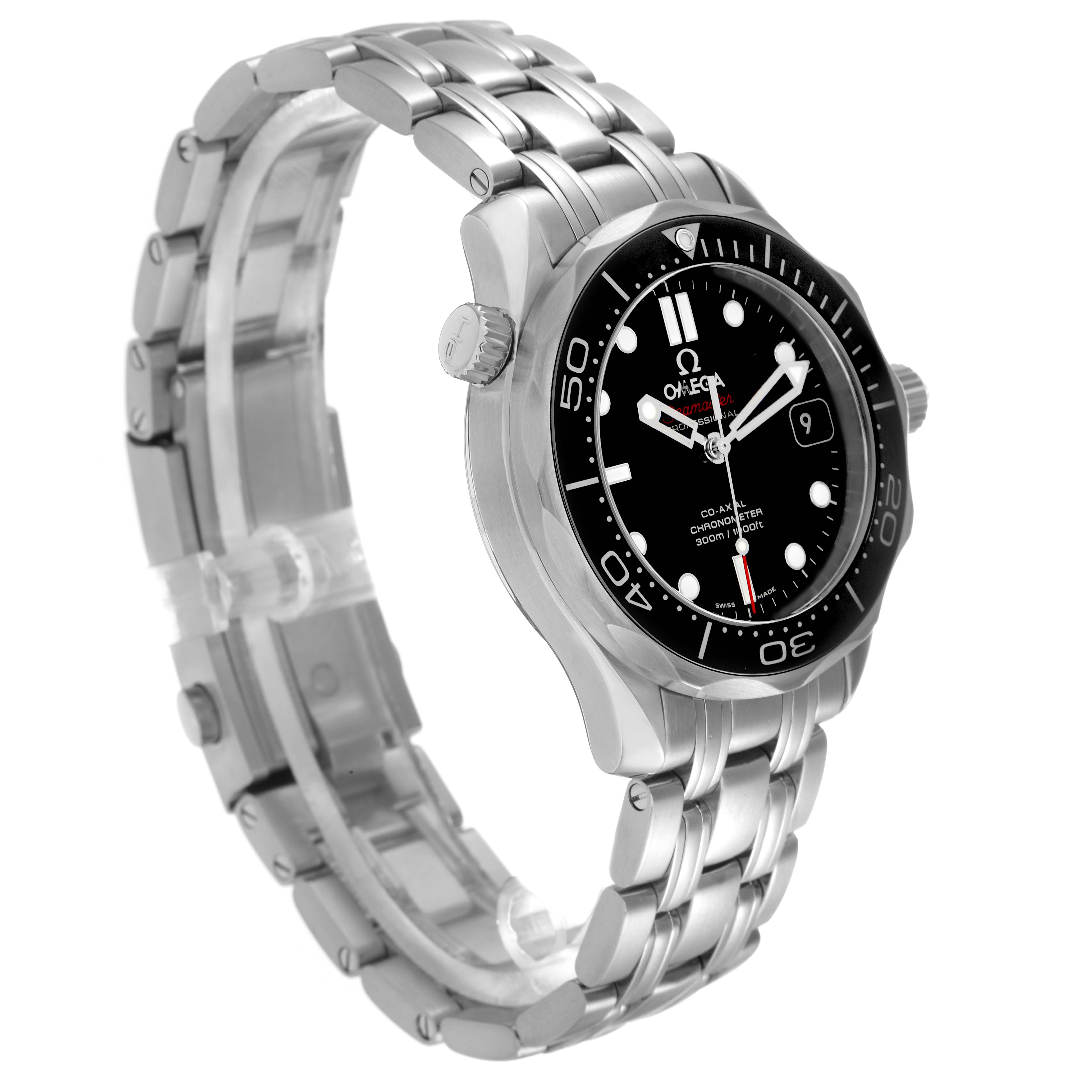 The Omega Seamaster 212.30.36.20.01.002 Men
s Stainless Steel Black Dial watch is shown at a three-quarter angle, highlighting the face, bezel, crown, and metal bracelet.