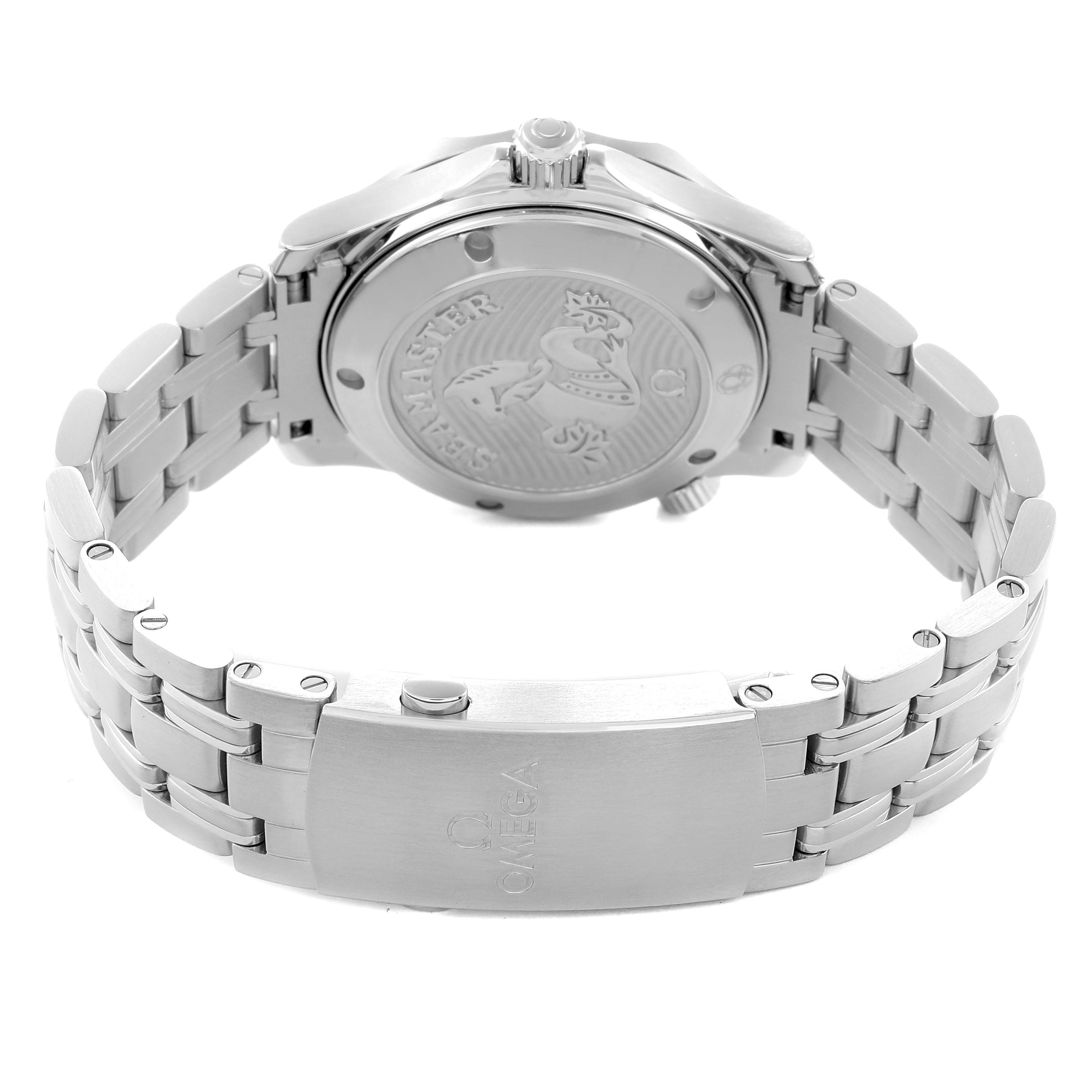 The Omega Seamaster 212.30.36.20.01.002 Men
s Stainless Steel Black Dial is shown from the rear, displaying the case back, bracelet, and clasp.