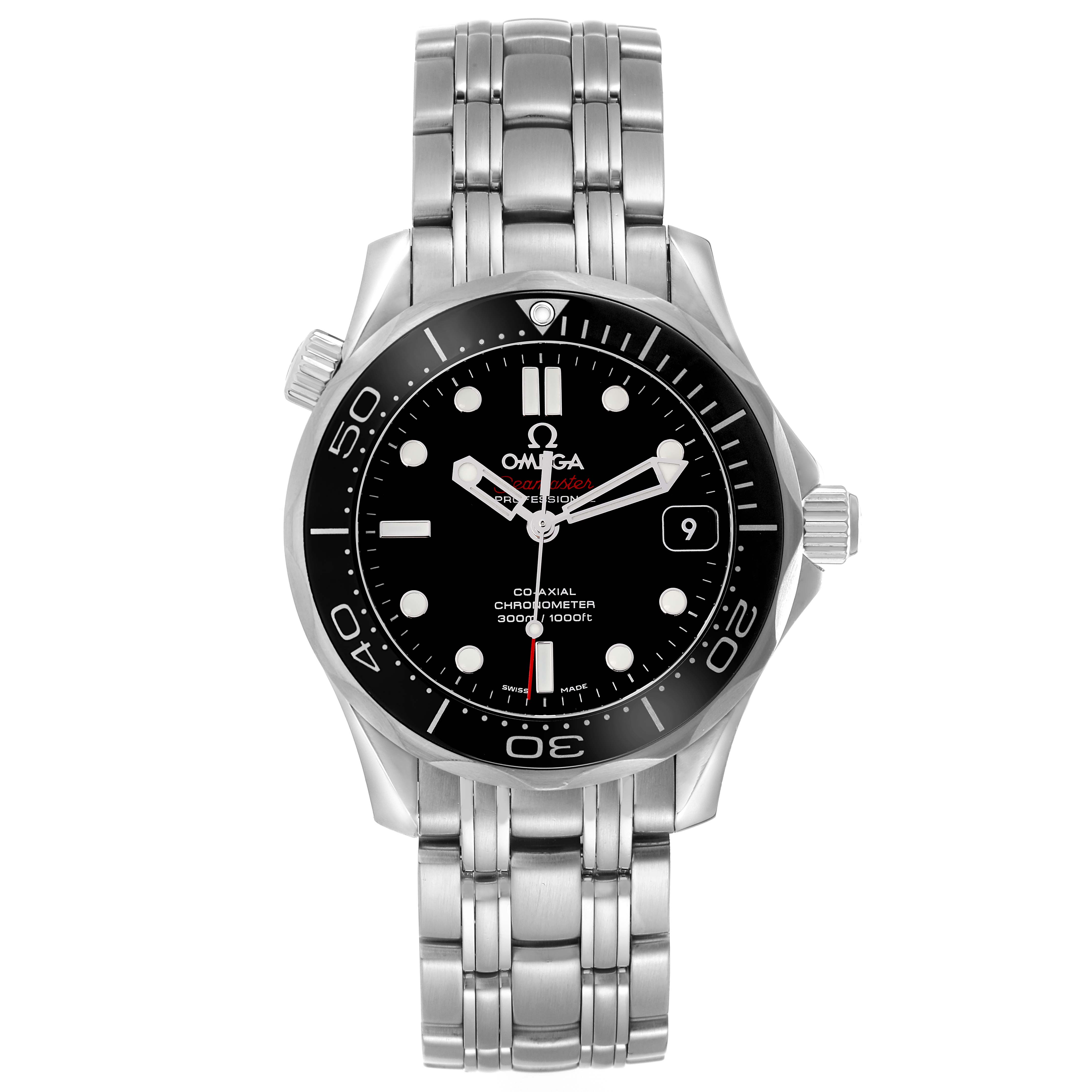 The Omega Seamaster 212.30.36.20.01.002 Men
s Stainless Steel Black Dial watch is shown from the front, displaying the face, bezel, and bracelet.