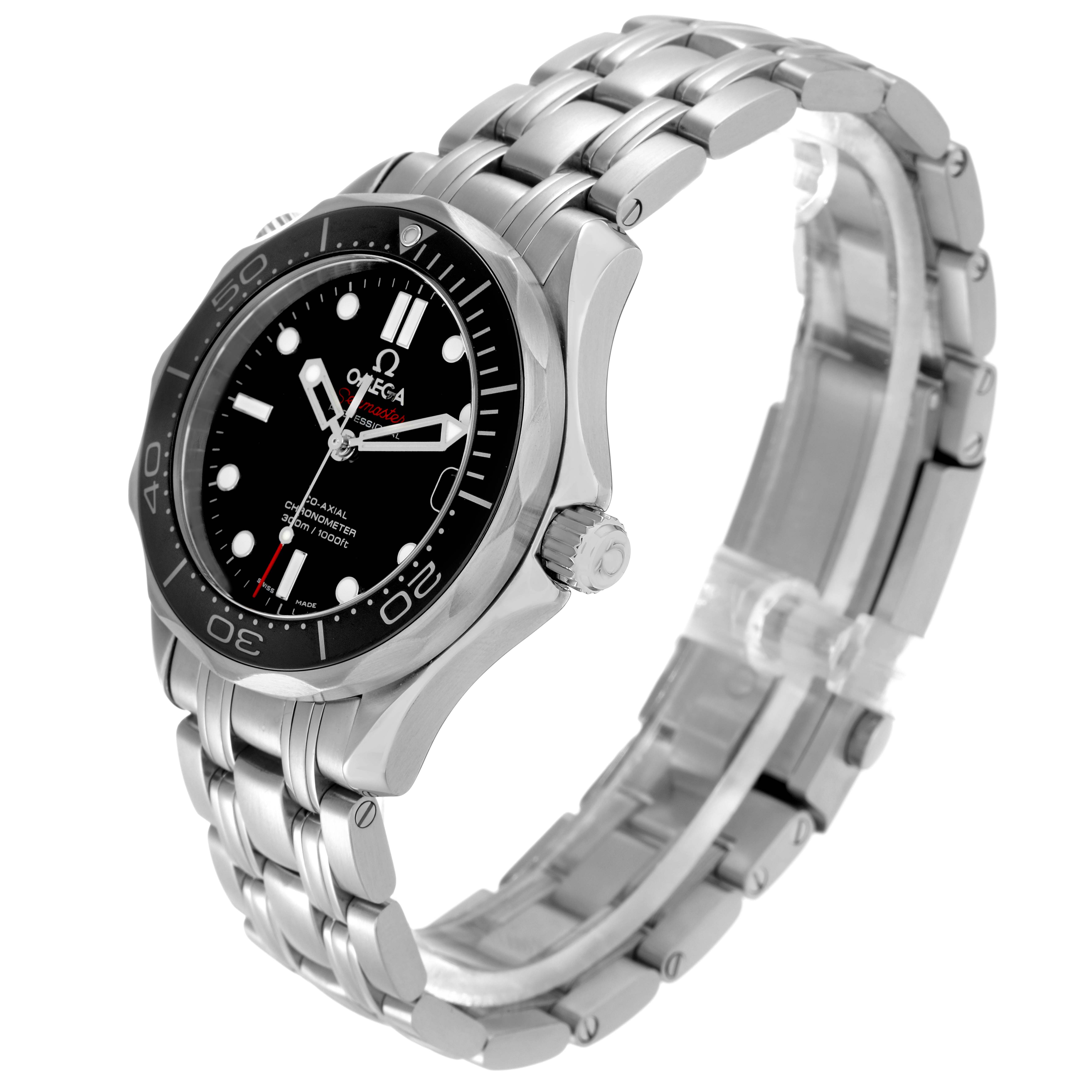The Omega Seamaster 212.30.36.20.01.002 Men
s Stainless Steel Black Dial watch is shown from a three-quarter angle, highlighting the face, bezel, crown, and stainless steel bracelet.