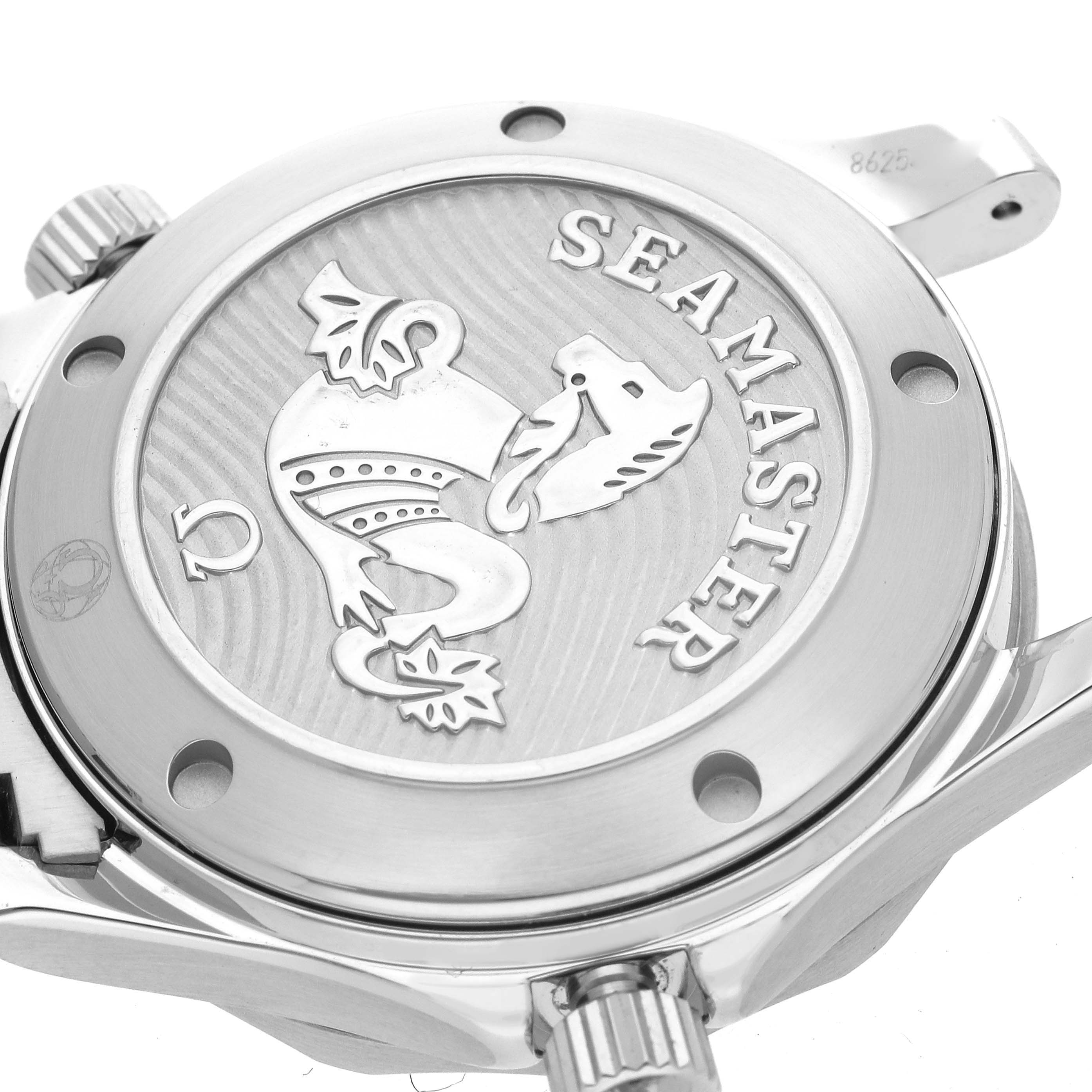 The image shows the case back of the Omega Seamaster 212.30.36.20.01.002 Men
s Stainless Steel Black Dial watch, highlighting the branding and emblem details.