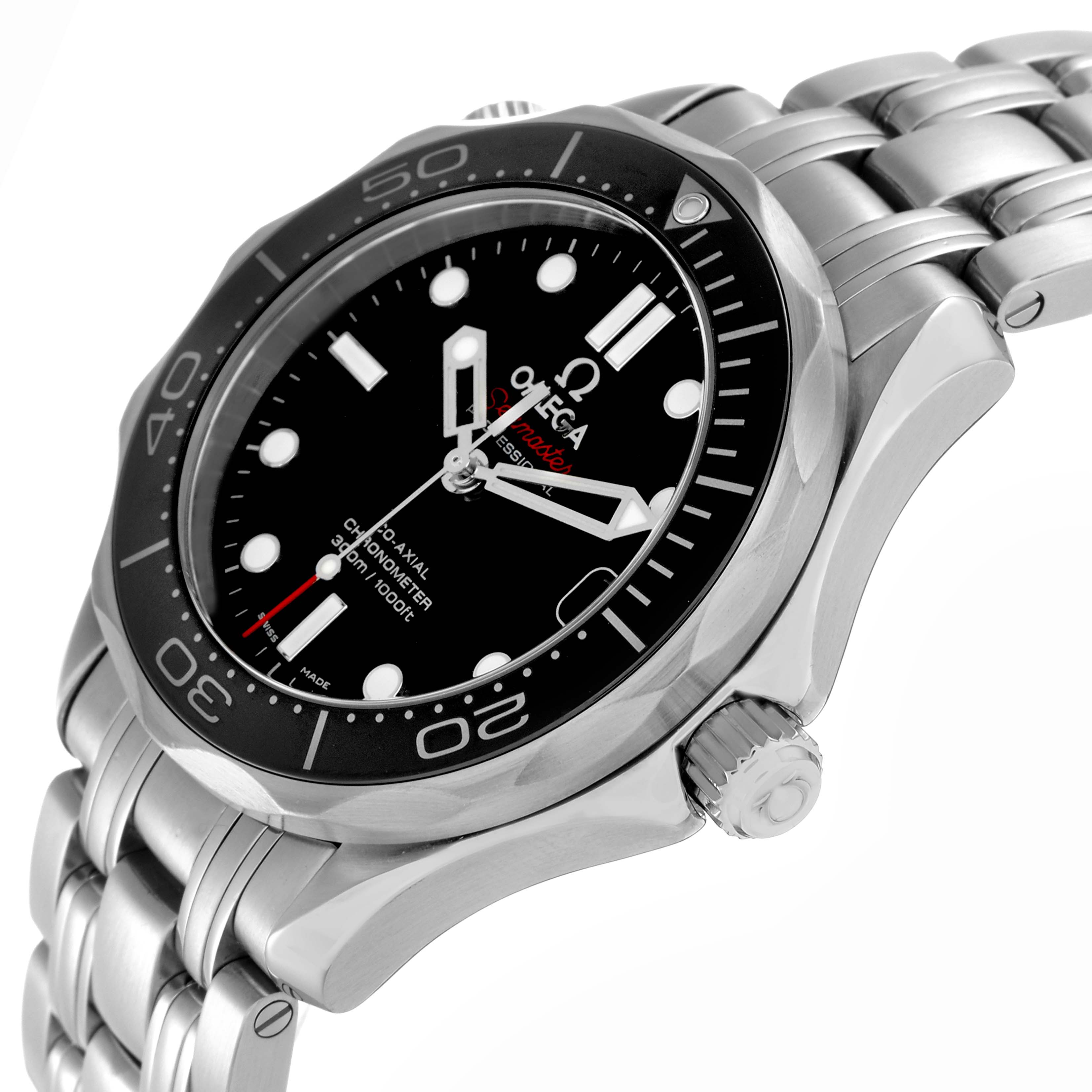 The Omega Seamaster 212.30.36.20.01.002 Men
s Stainless Steel Black Dial watch is shown at a tilted angle, highlighting the bezel, dial, crown, and bracelet.