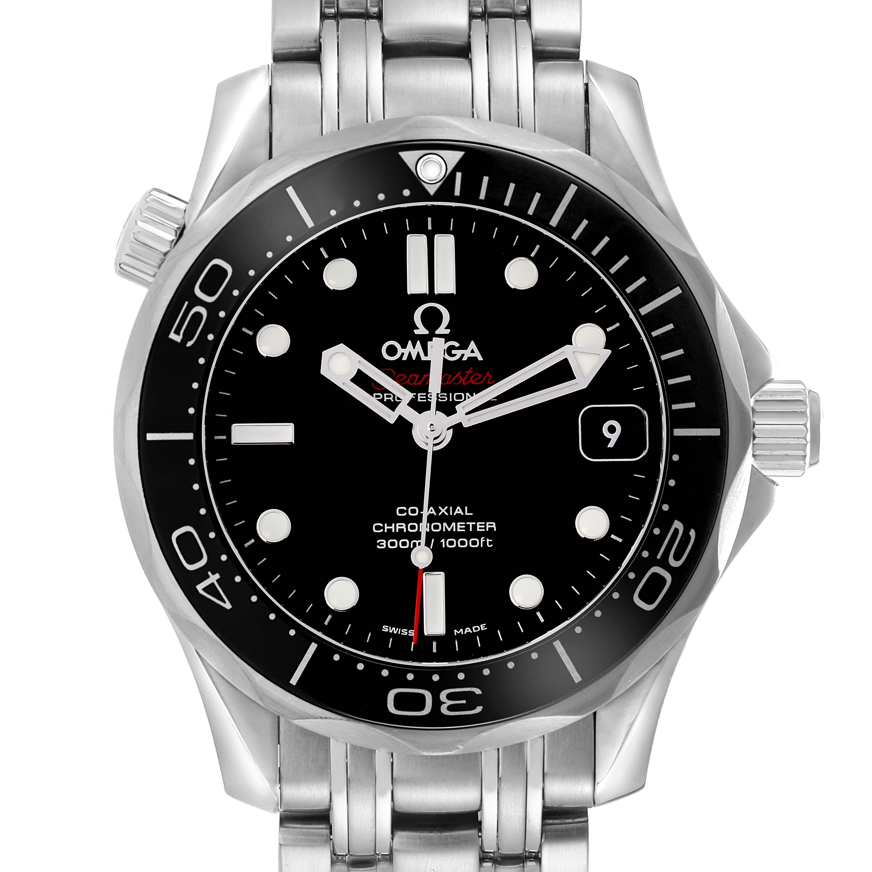 The Omega Seamaster 212.30.36.20.01.002 Men
s Stainless Steel Black Dial watch is shown from the front, highlighting the dial, bezel, and bracelet with a clear view of the date indicator.