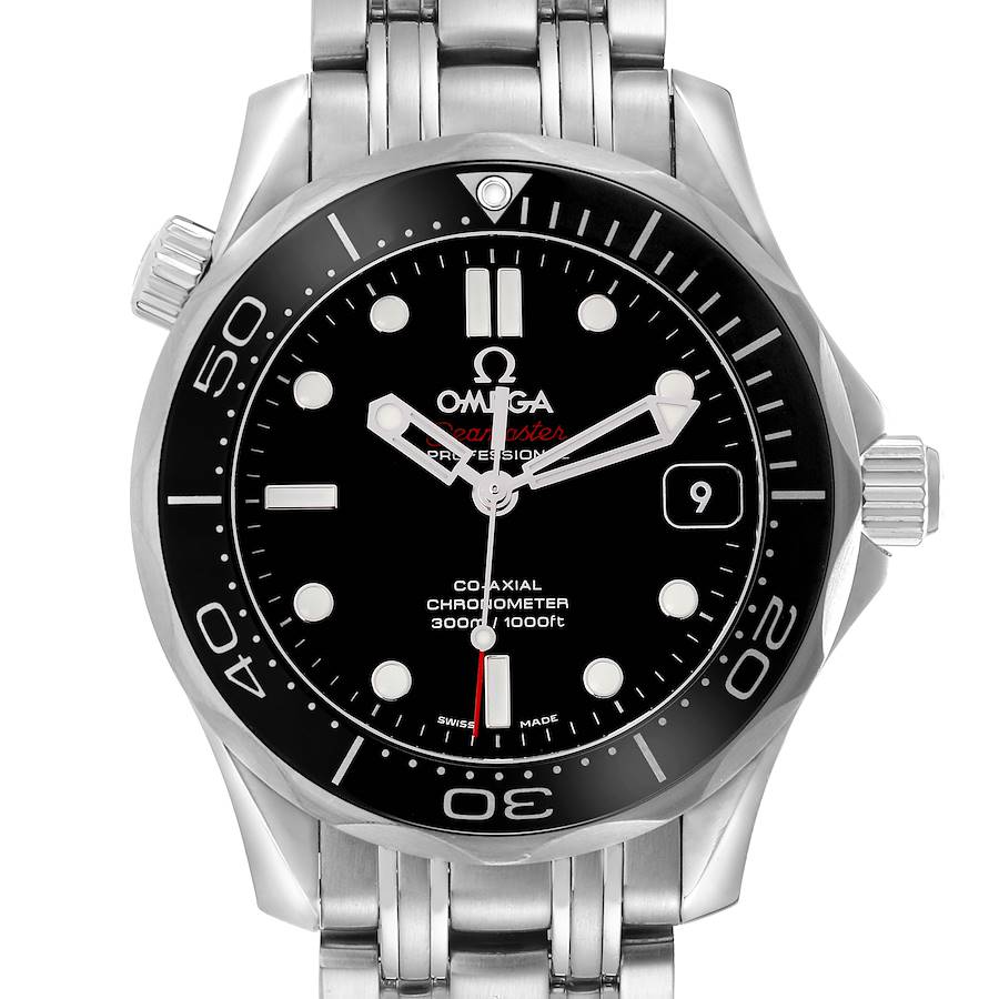 The Omega Seamaster model 212.30.36.20.01.002 is shown front-facing, highlighting the black dial, bezel, date window, and stainless steel bracelet.