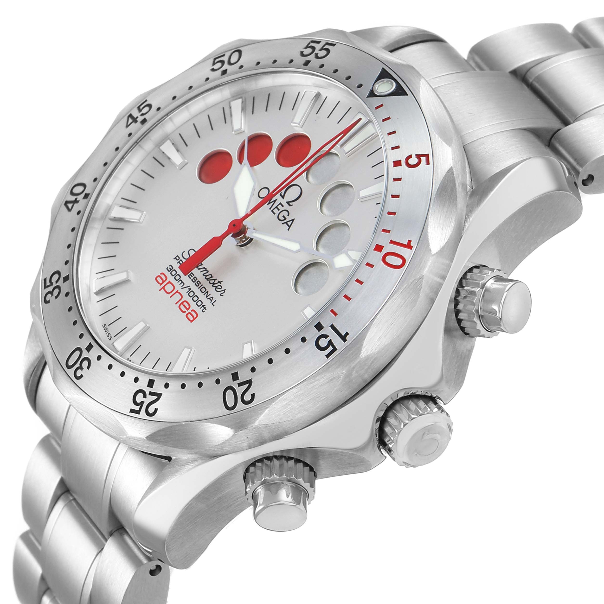 The Omega Seamaster 2595.30.00 Men's Stainless Steel Silver Dial watch is shown at a slight angle, highlighting the face, bezel, and side view with crown and pushers.