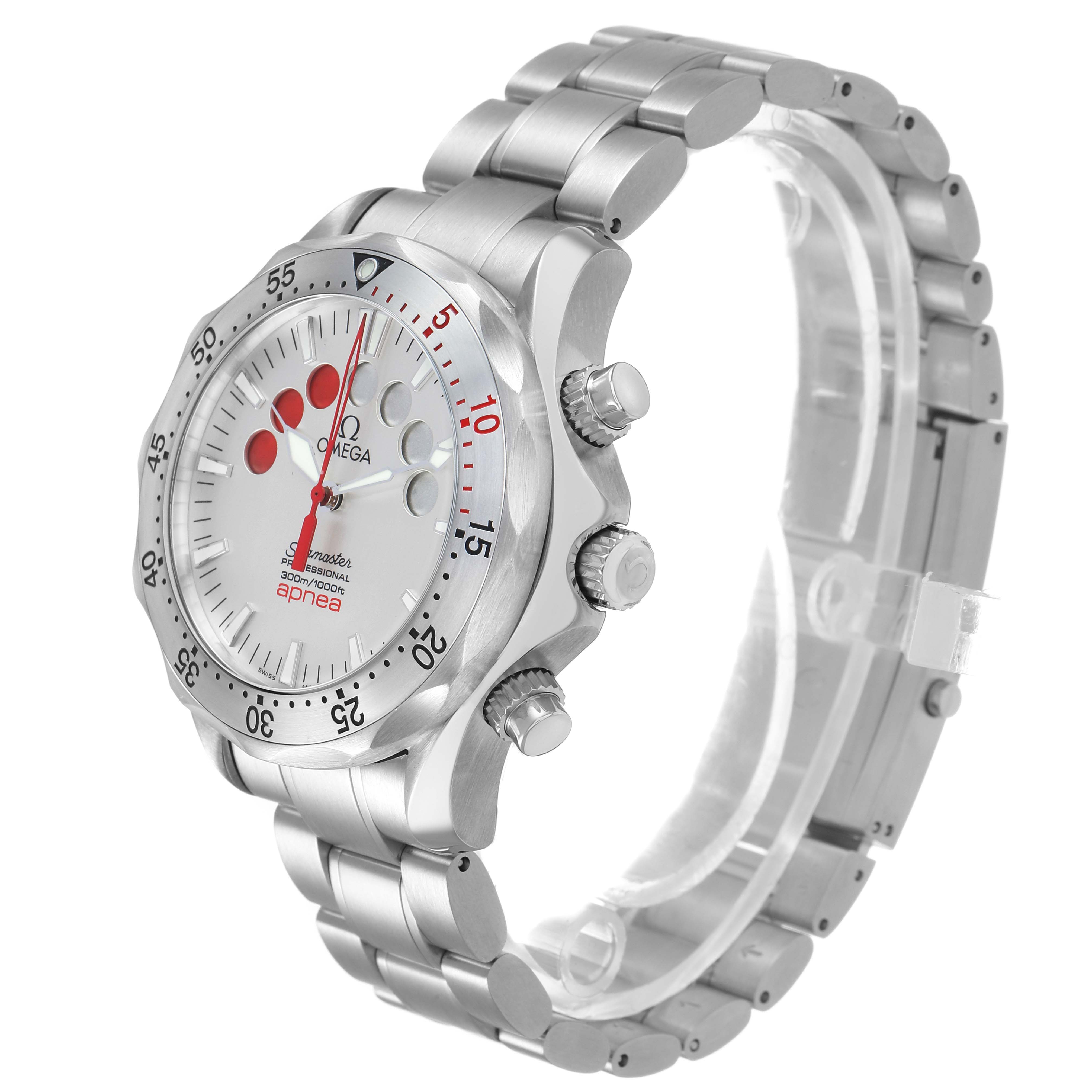 The Omega Seamaster 2595.30.00 Men's Stainless Steel Silver Dial watch is shown at a three-quarter angle, highlighting its dial, bezel, crown, and bracelet.
