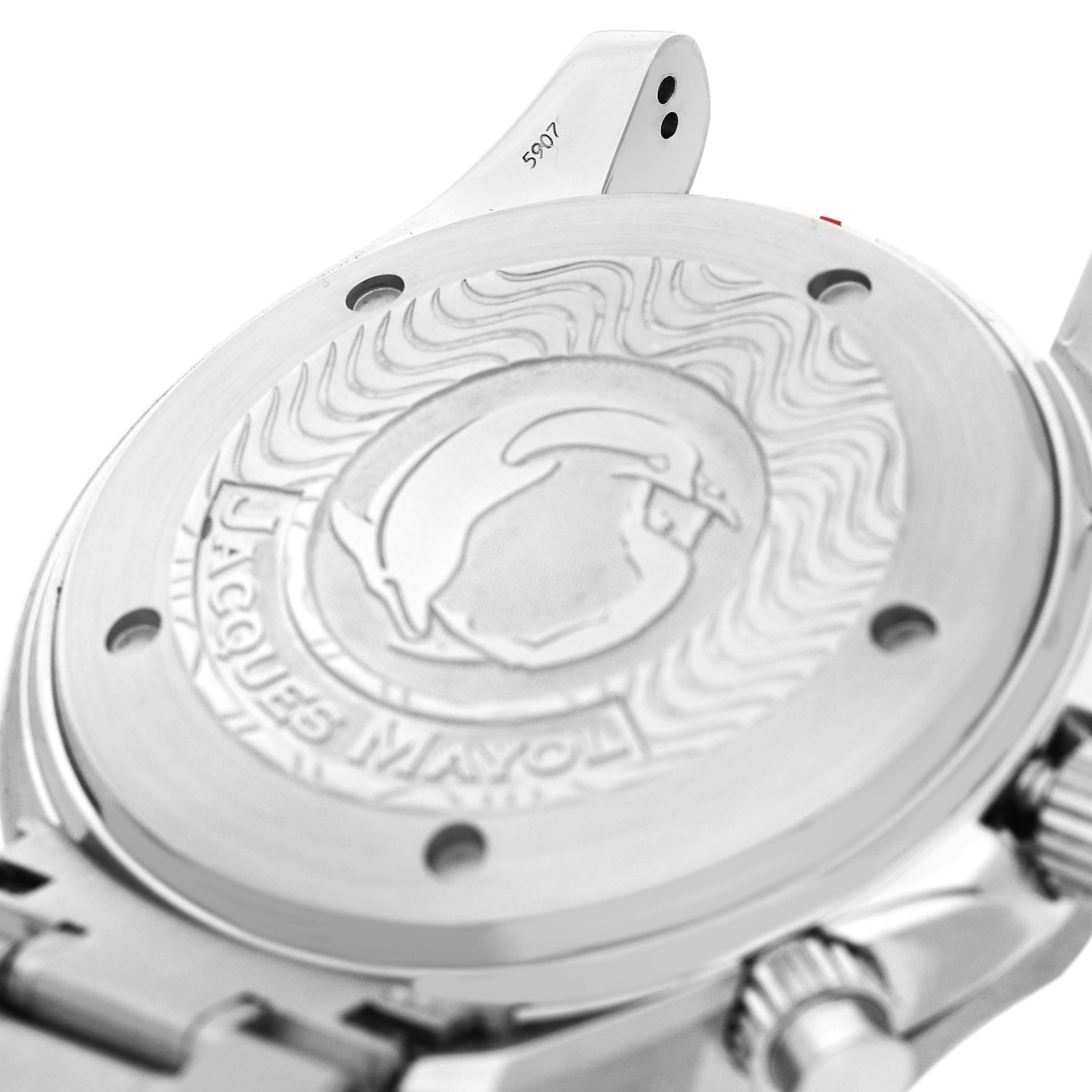 The image shows the engraved case back and part of the bracelet of an Omega Seamaster 2595.30.00 Men's Stainless Steel Silver Dial model from a slightly angled side view.