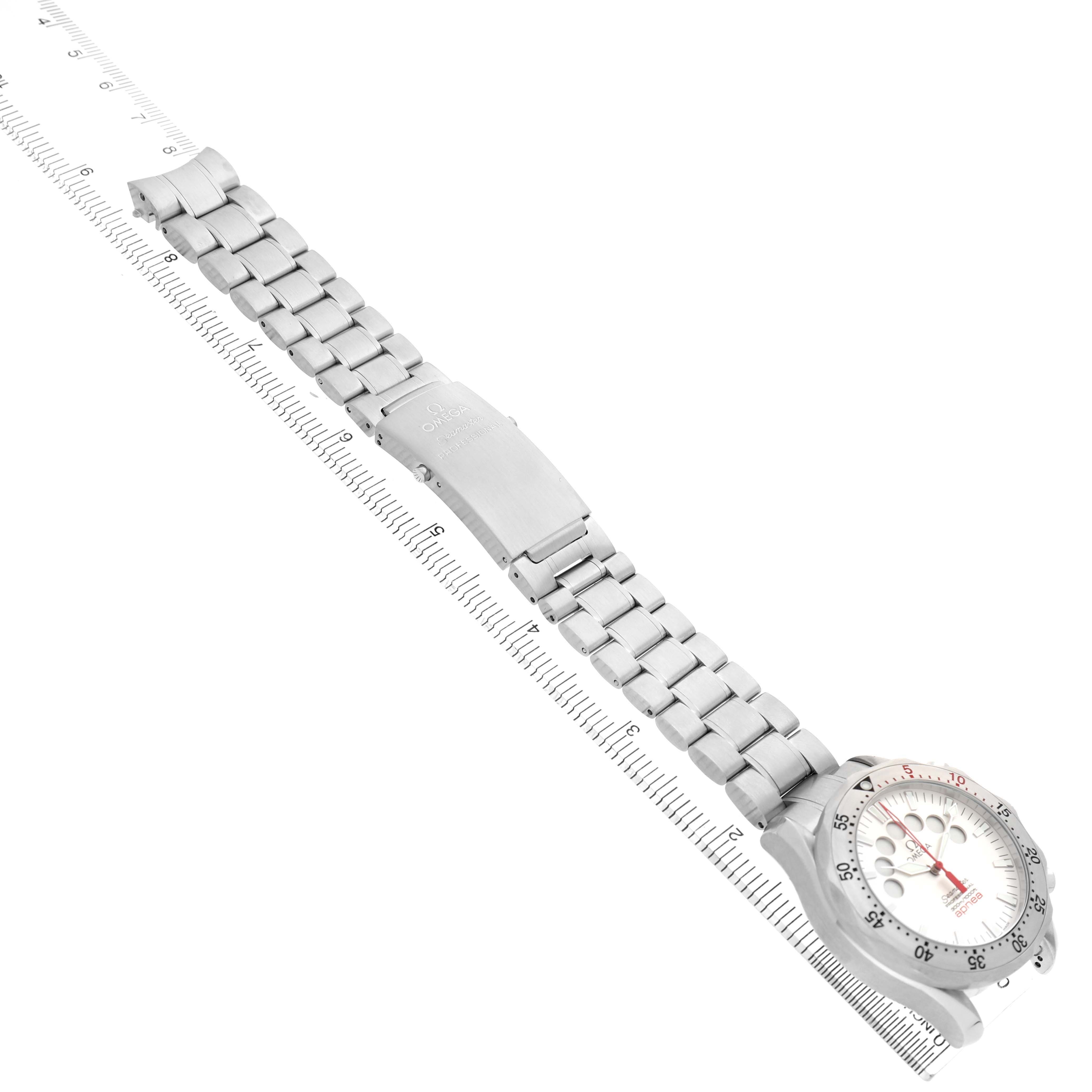 The Omega Seamaster 2595.30.00 Men's Stainless Steel Silver Dial watch is shown at a diagonal angle, displaying the face, bezel, and metal bracelet with a clasp.