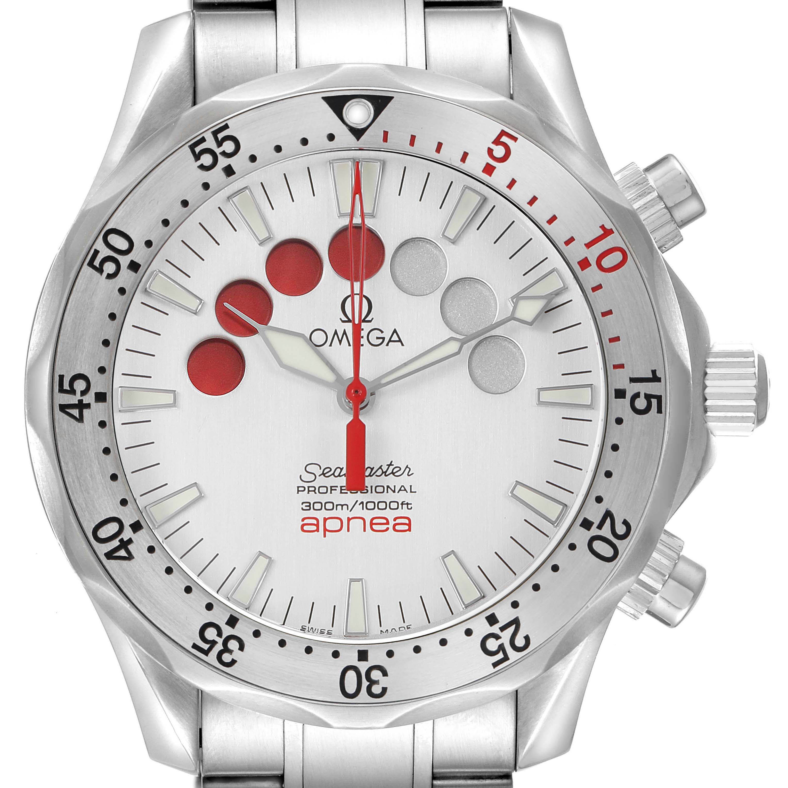 The Omega Seamaster 2595.30.00 Men's Stainless Steel Silver Dial watch is shown from a front angle, highlighting its bezel, dial, hands, and pushers.