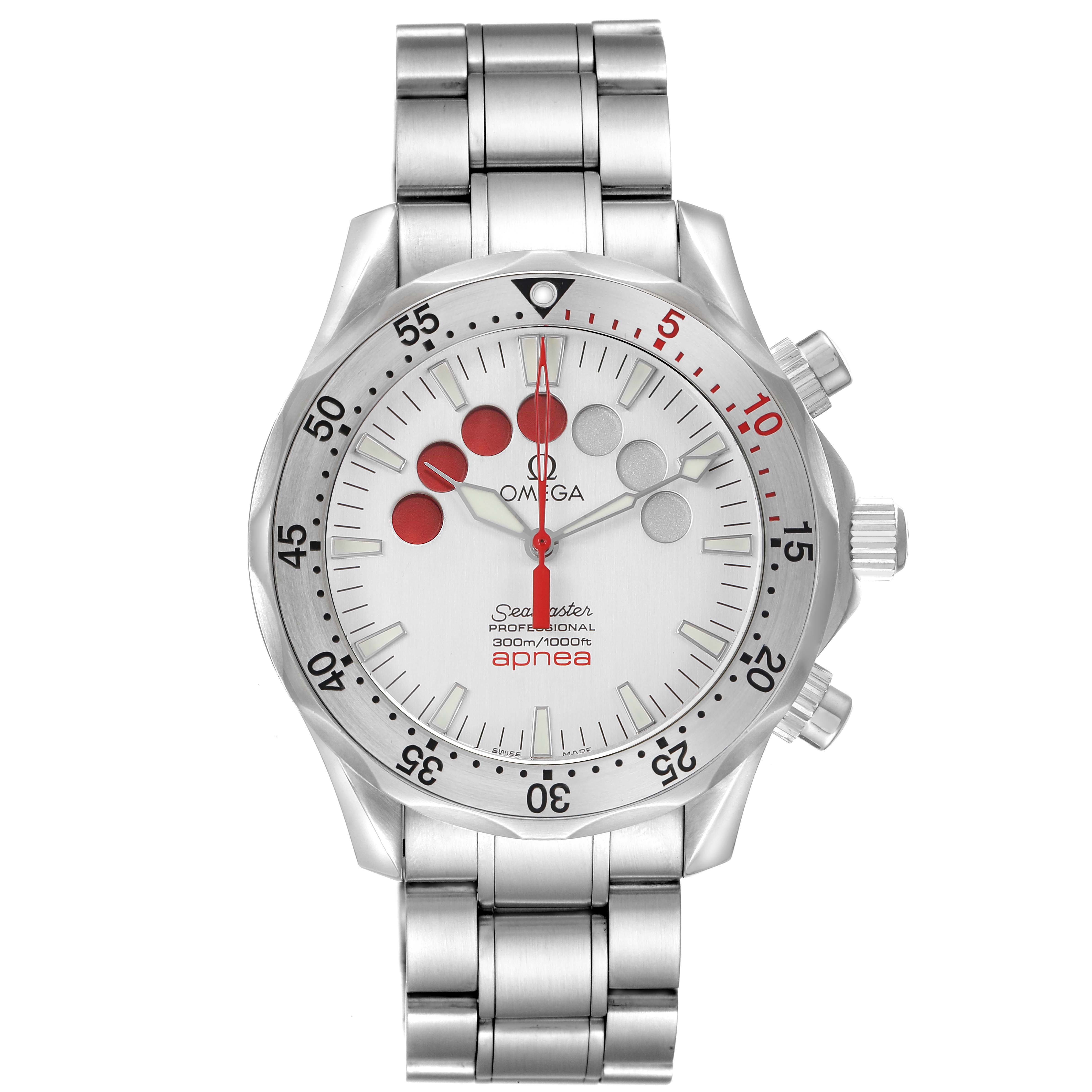 The Omega Seamaster 2595.30.00 Men's Stainless Steel Silver Dial watch is shown in a front view, displaying the bezel, dial, and bracelet.