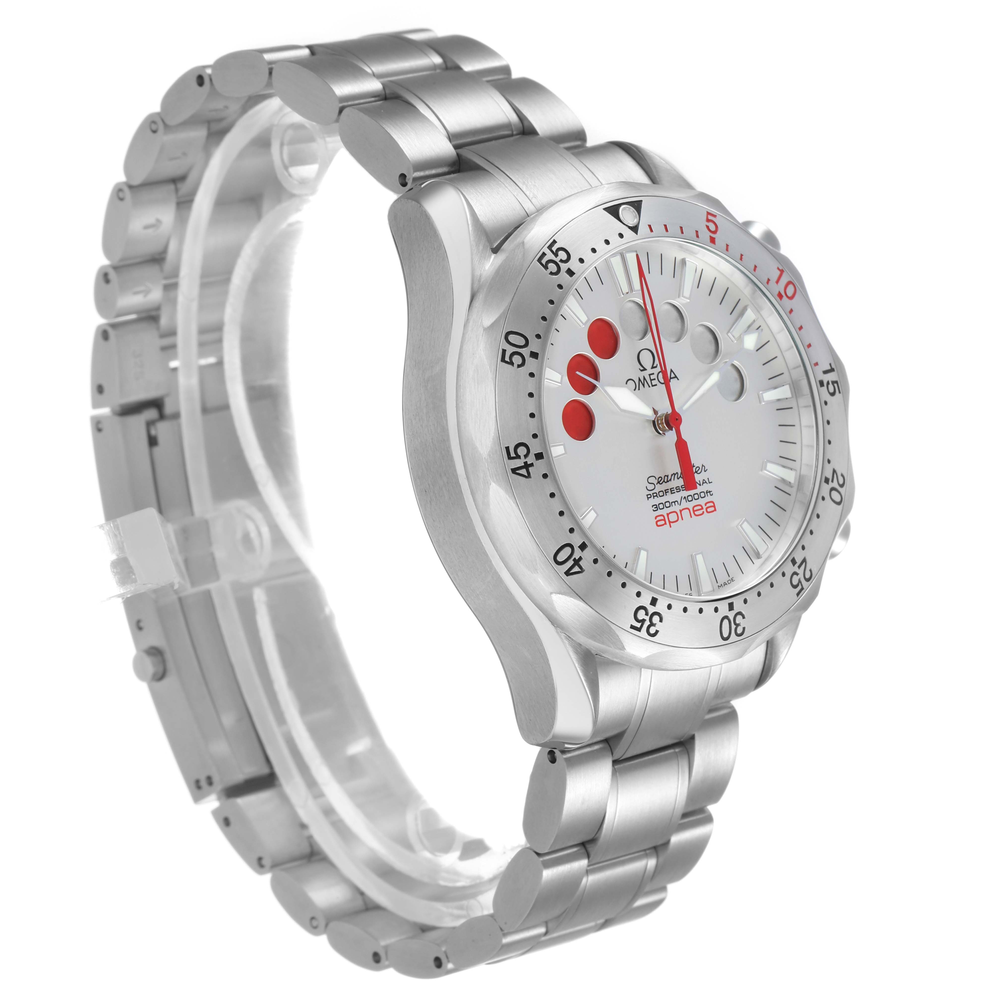The Omega Seamaster 2595.30.00 Men's Stainless Steel Silver Dial watch is shown at a slight angle, highlighting the face, bezel, and bracelet.