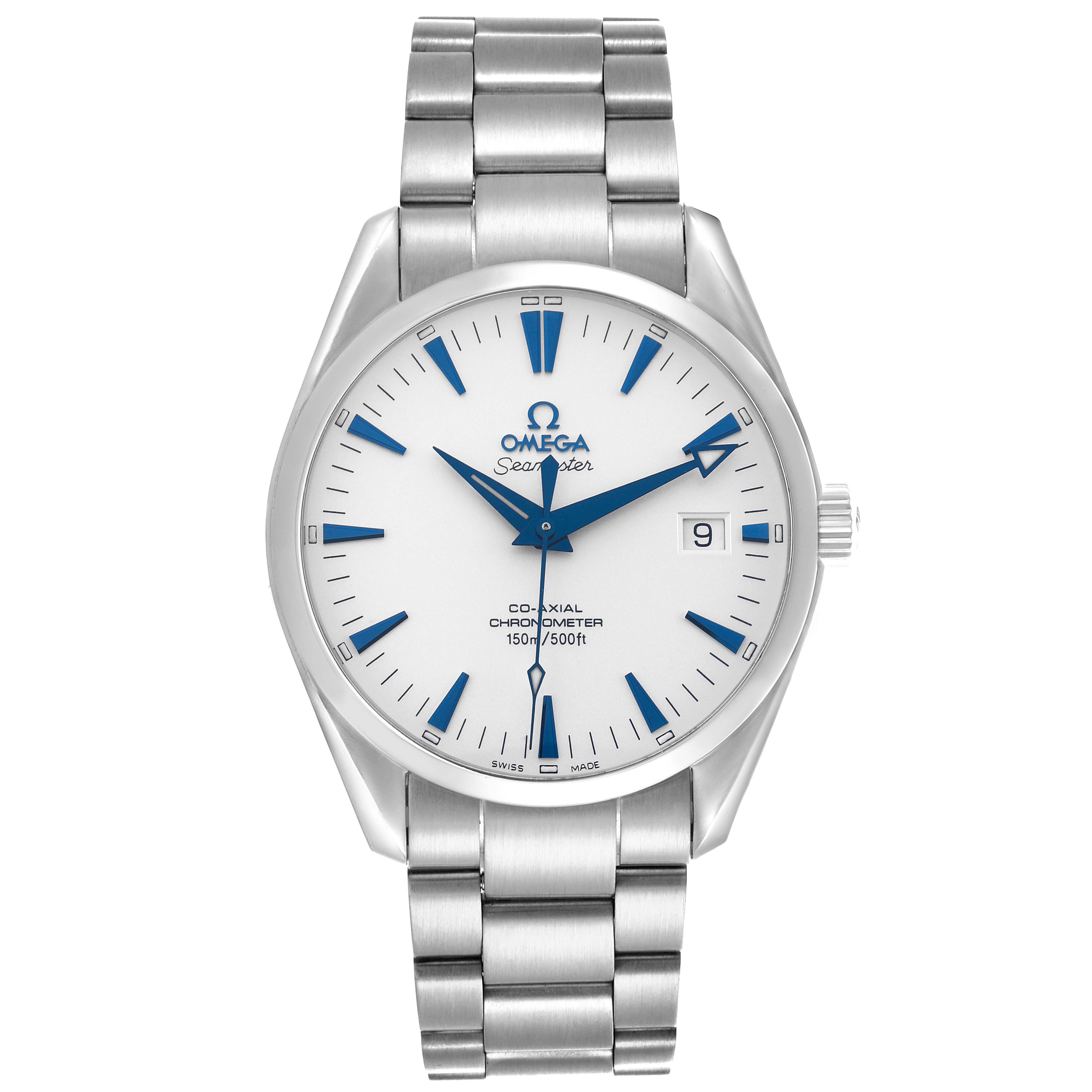 The Omega Seamaster 2503.33.00 Men
s Stainless Steel White Dial watch is shown from a frontal angle, displaying its face, hands, date window, and metal bracelet.