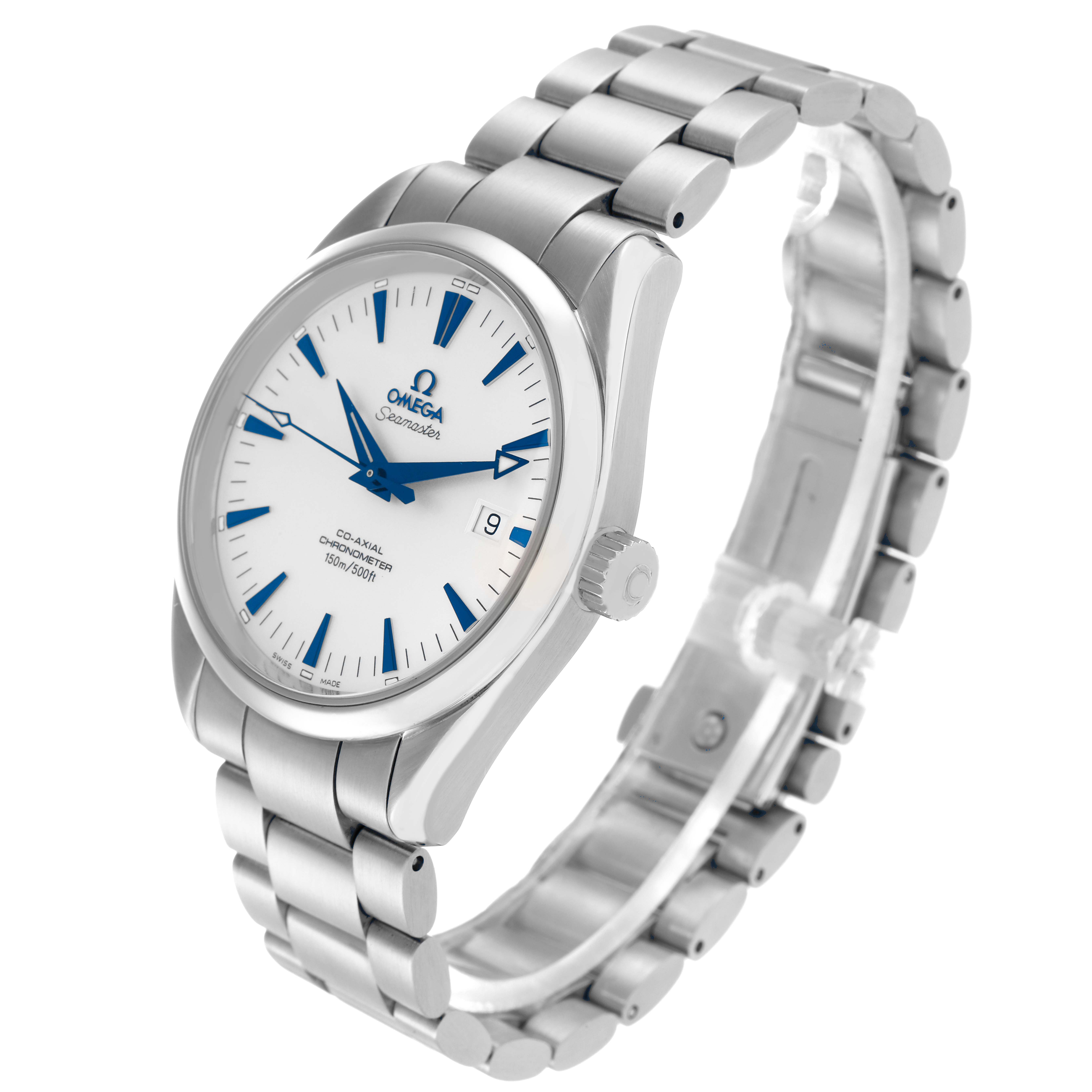 The Omega Seamaster 2503.33.00 Men
s Stainless Steel White Dial watch is shown at a slight angle, highlighting the dial, crown, and stainless steel bracelet.