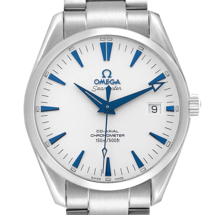 The Omega Seamaster model 2503.33.00 is shown from a front angle, featuring the full face, including blue hour markers, hands, date window, and part of the bracelet.