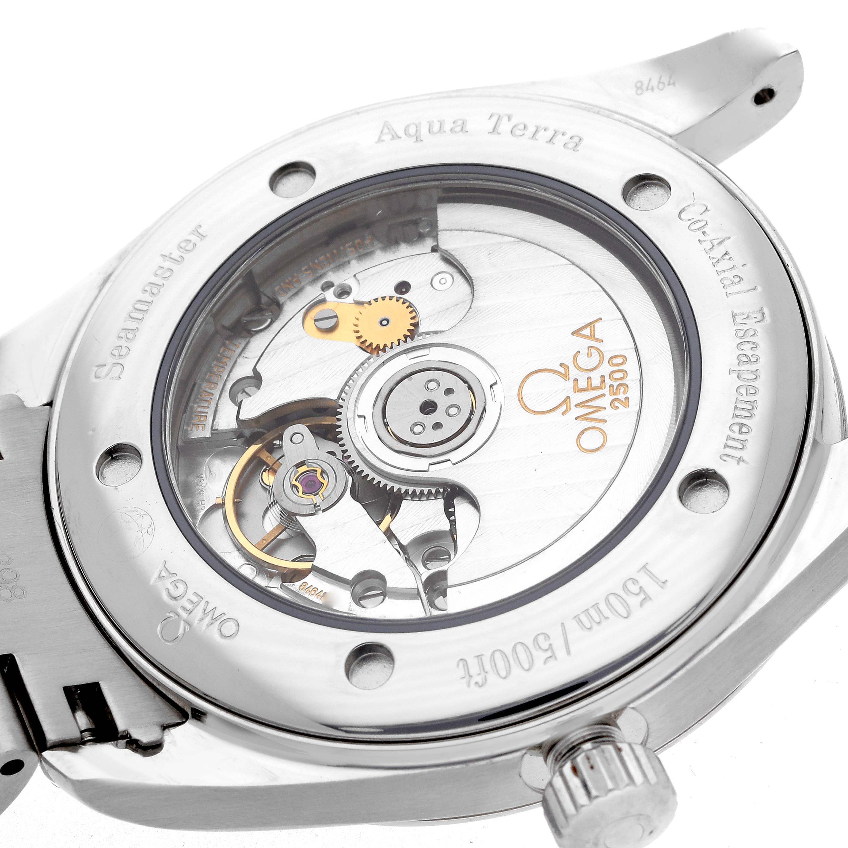 The image shows the back of an Omega Seamaster 2503.33.00 Men
s Stainless Steel White Dial, highlighting the movement and internal mechanics.