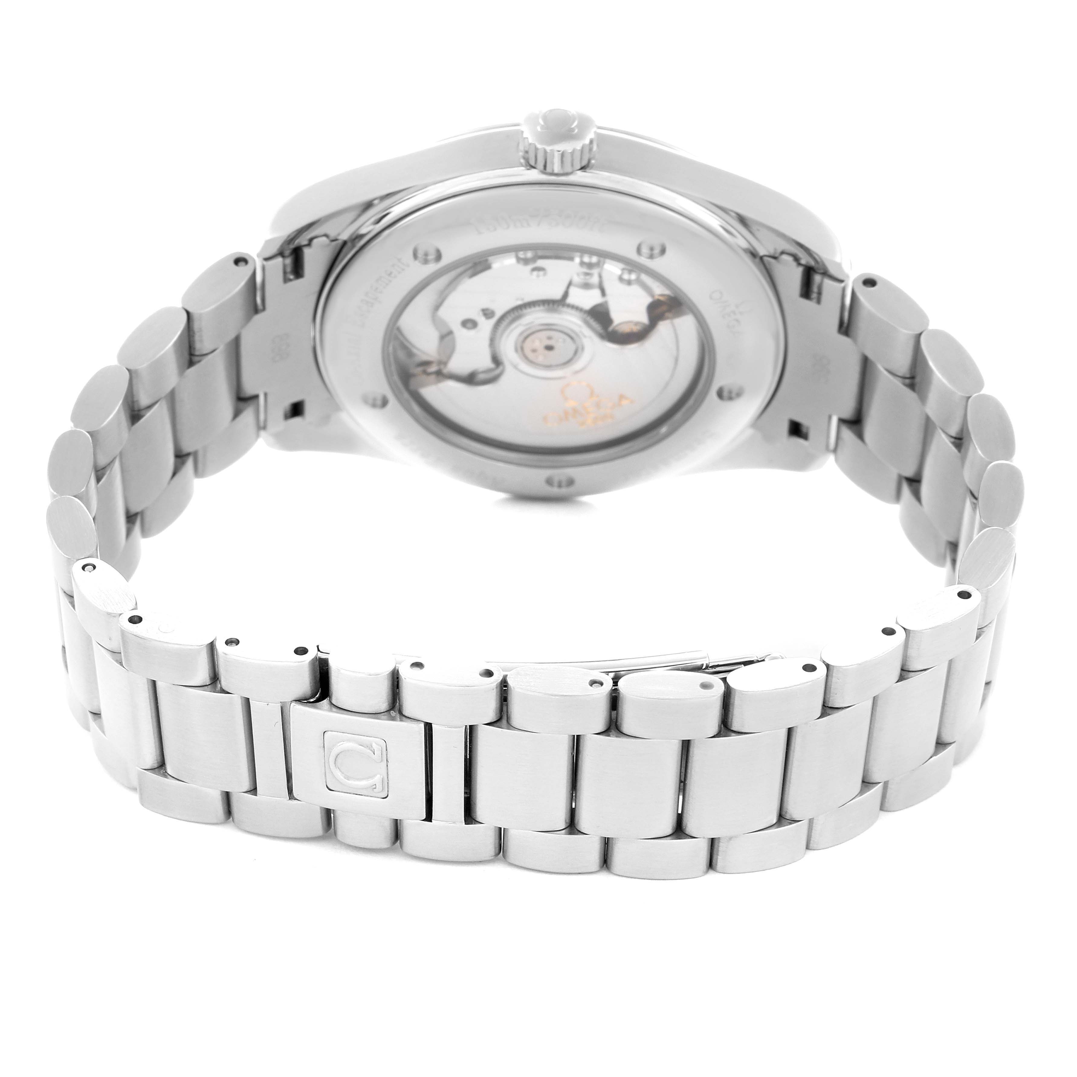 The Omega Seamaster 2503.33.00 Men
s Stainless Steel White Dial watch is shown from the back, highlighting its exhibition case back and metal bracelet.