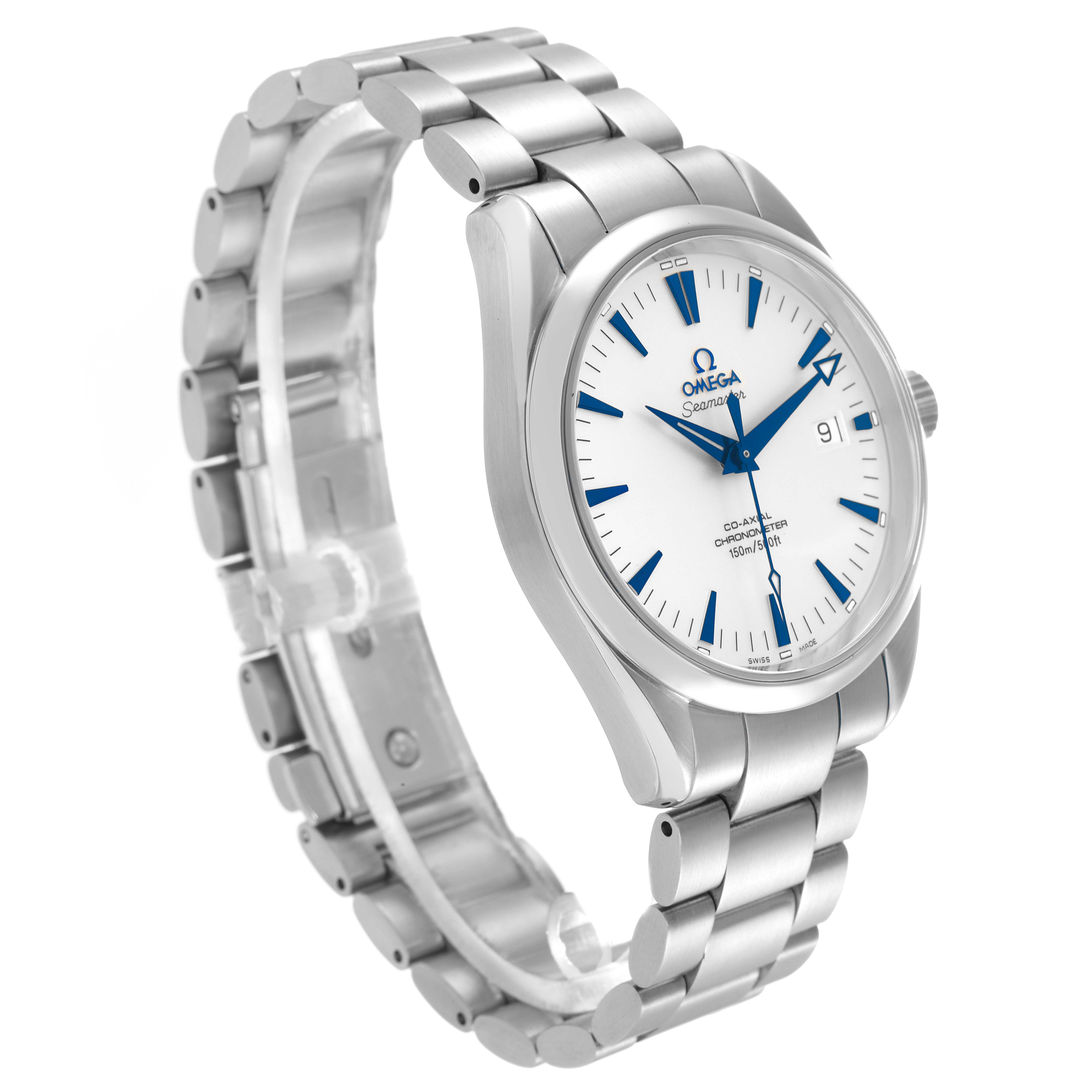 The Omega Seamaster 2503.33.00 Men
s Stainless Steel White Dial watch is shown from a three-quarter angle, highlighting its face, bezel, and bracelet.