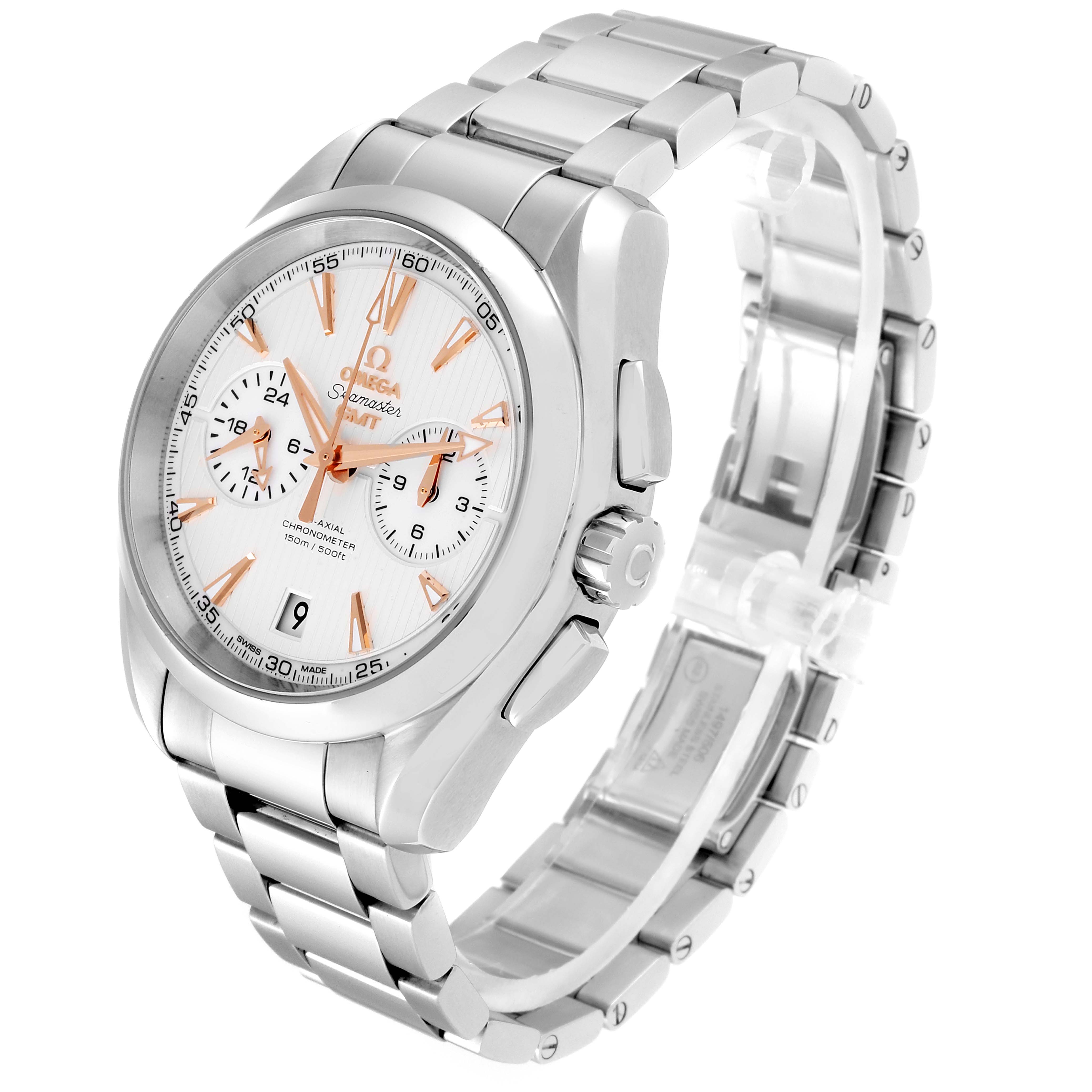 This image showcases the Omega Aqua Terra 231.10.43.52.03.001 Men
s Stainless Steel Silver Dial 231.10.43.52.03.001 Men
s Stainless Steel Silver Dial watch from a left-front angle, highlighting the face, crown, and metal bracelet.