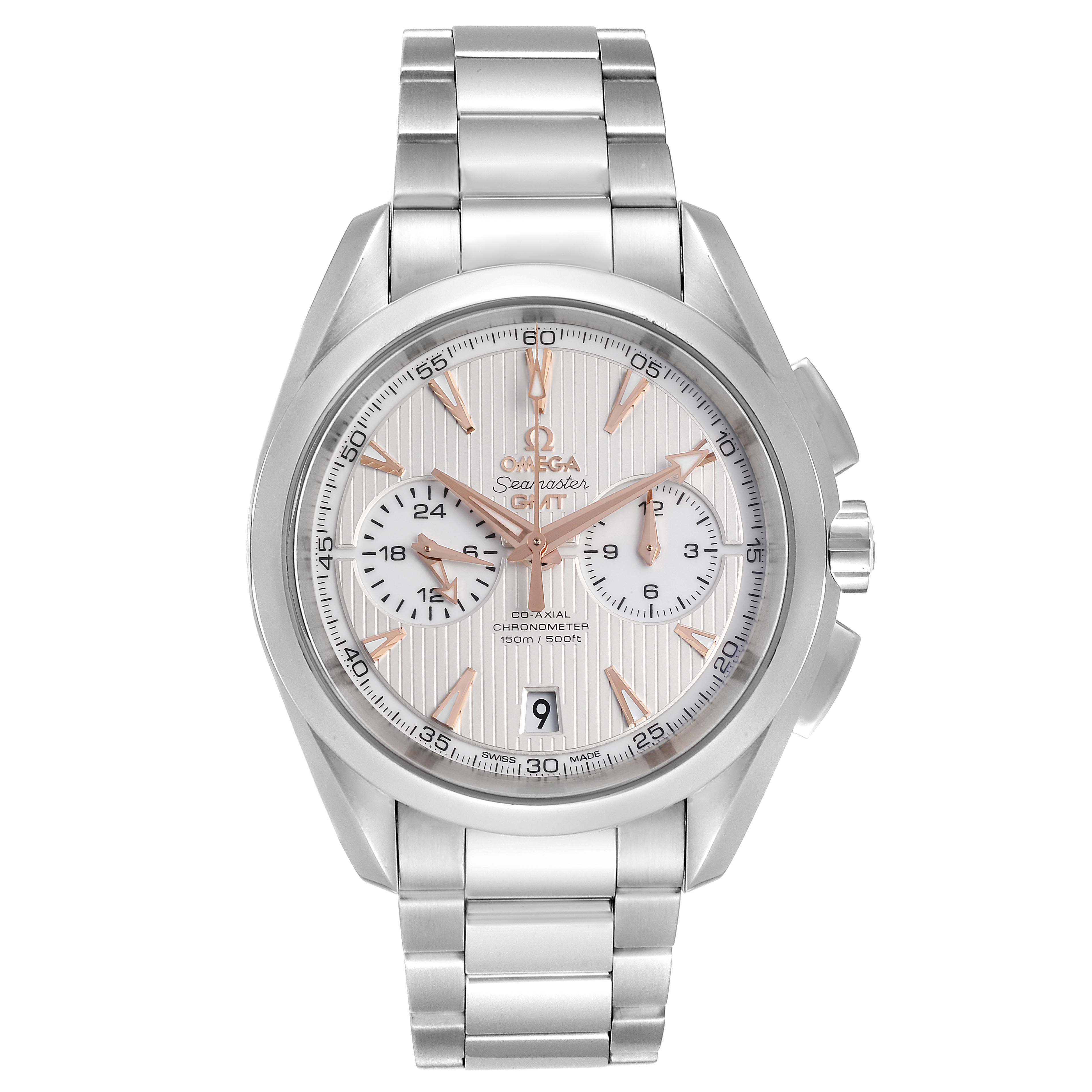 The image shows a front view of the Omega Seamaster Aqua Terra watch, showcasing its dial, bracelet, and crown.