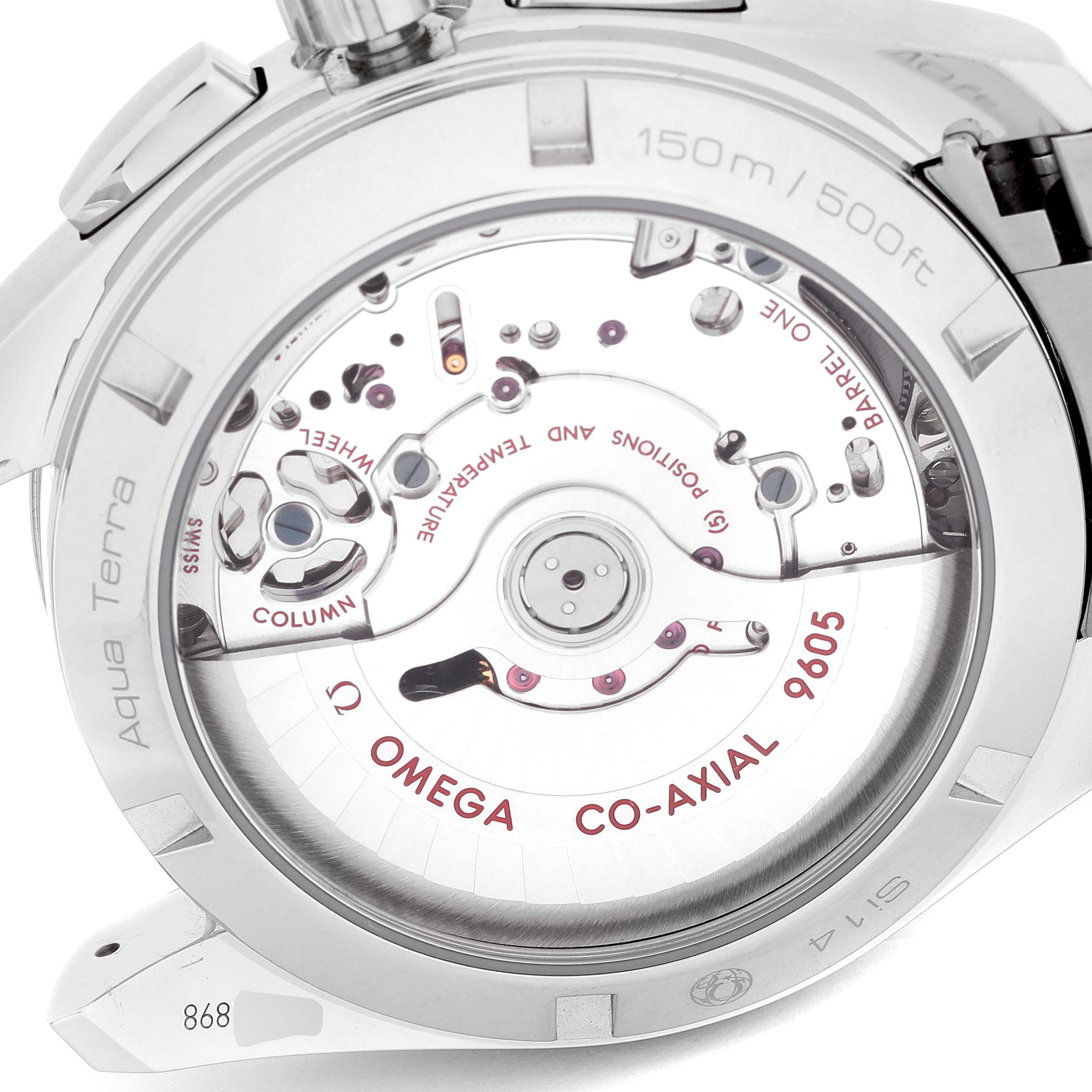 The image shows the back of the Omega Aqua Terra 231.10.43.52.03.001 Men
s Stainless Steel Silver Dial 231.10.43.52.03.001 Men
s Stainless Steel Silver Dial watch, revealing the internal Co-Axial 9605 movement.