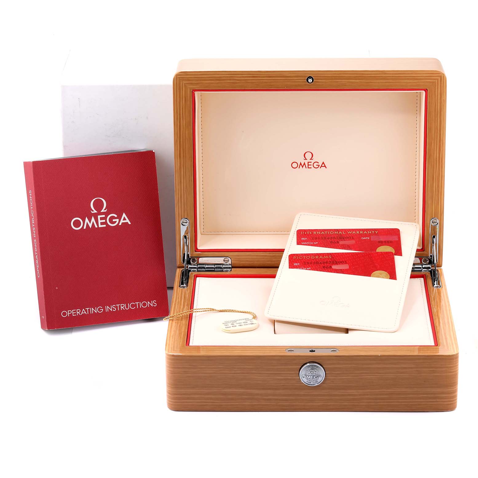 The image shows an open Omega Aqua Terra 231.10.43.52.03.001 Men
s Stainless Steel Silver Dial 231.10.43.52.03.001 Men
s Stainless Steel Silver Dial watch box, warranty cards, and an operating instructions booklet.