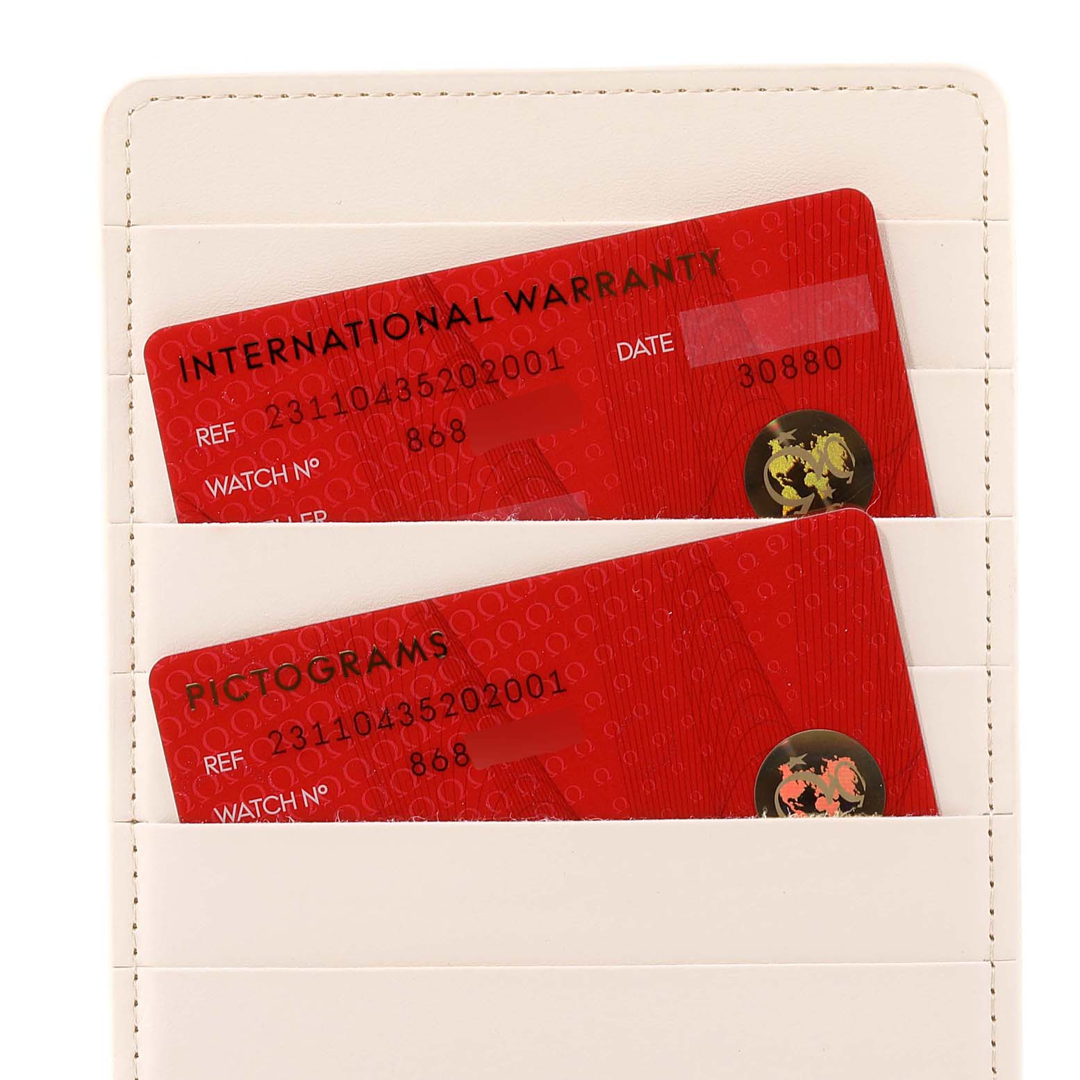 This image shows warranty and pictogram cards for the Omega Aqua Terra 231.10.43.52.03.001 Men
s Stainless Steel Silver Dial 231.10.43.52.03.001 Men
s Stainless Steel Silver Dial watch model, displayed in a cream cardholder.