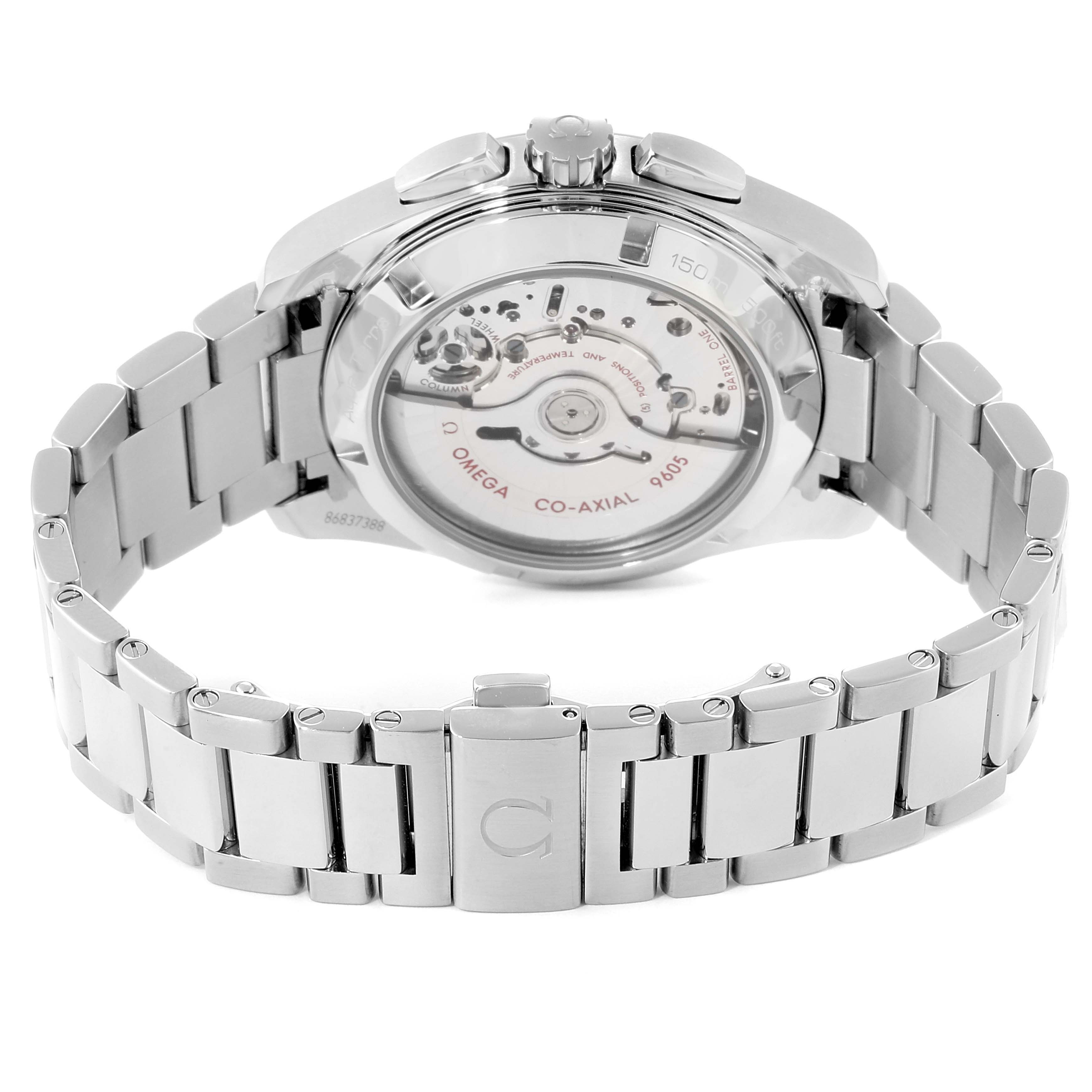 The image shows the back and bracelet of the Omega Aqua Terra 231.10.43.52.03.001 Men
s Stainless Steel Silver Dial 231.10.43.52.03.001 Men
s Stainless Steel Silver Dial watch, highlighting its movement through a transparent case back.