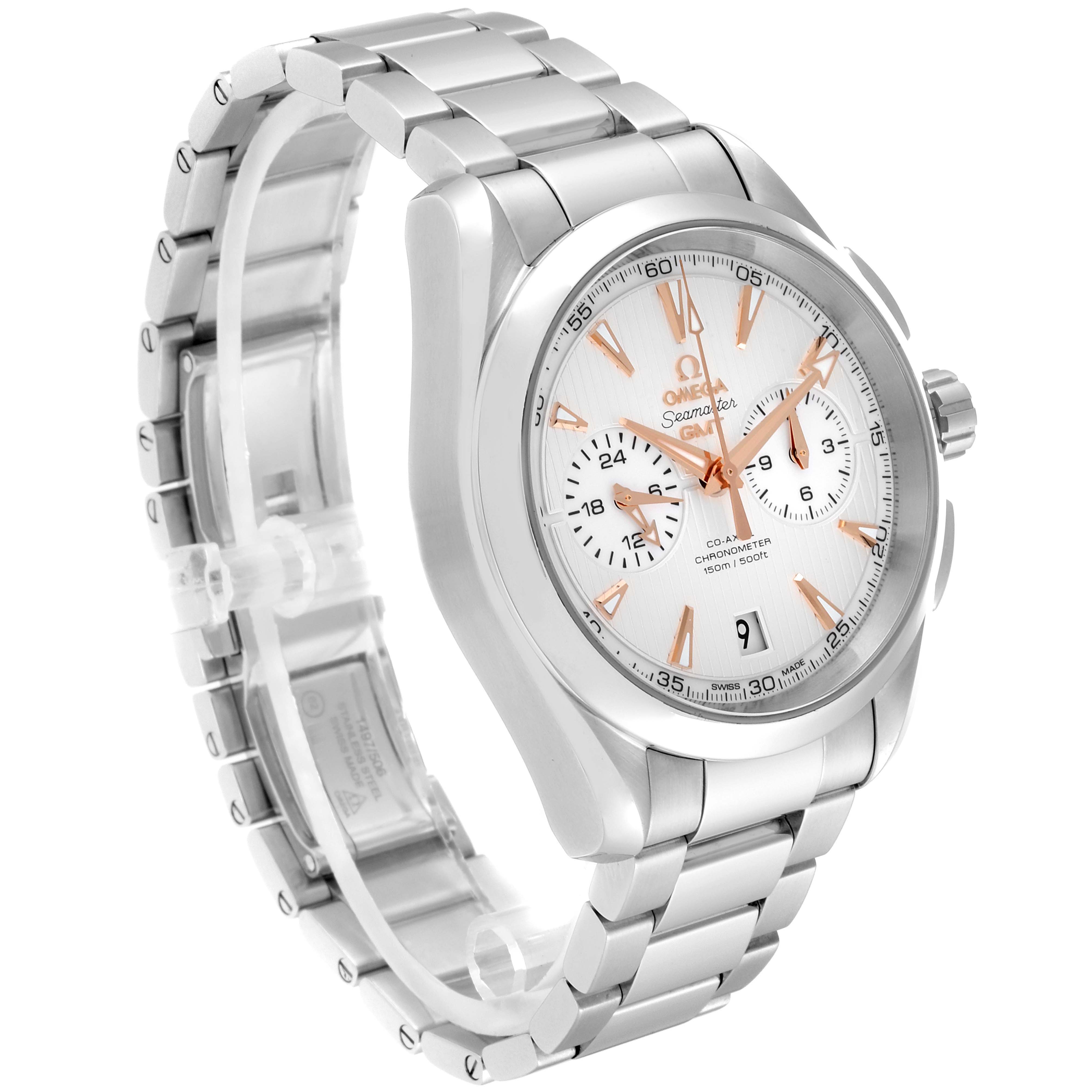 The image shows an Omega Aqua Terra 231.10.43.52.03.001 Men
s Stainless Steel Silver Dial 231.10.43.52.03.001 Men
s Stainless Steel Silver Dial watch at a slight side angle, displaying the bracelet, case, and face with subdials.