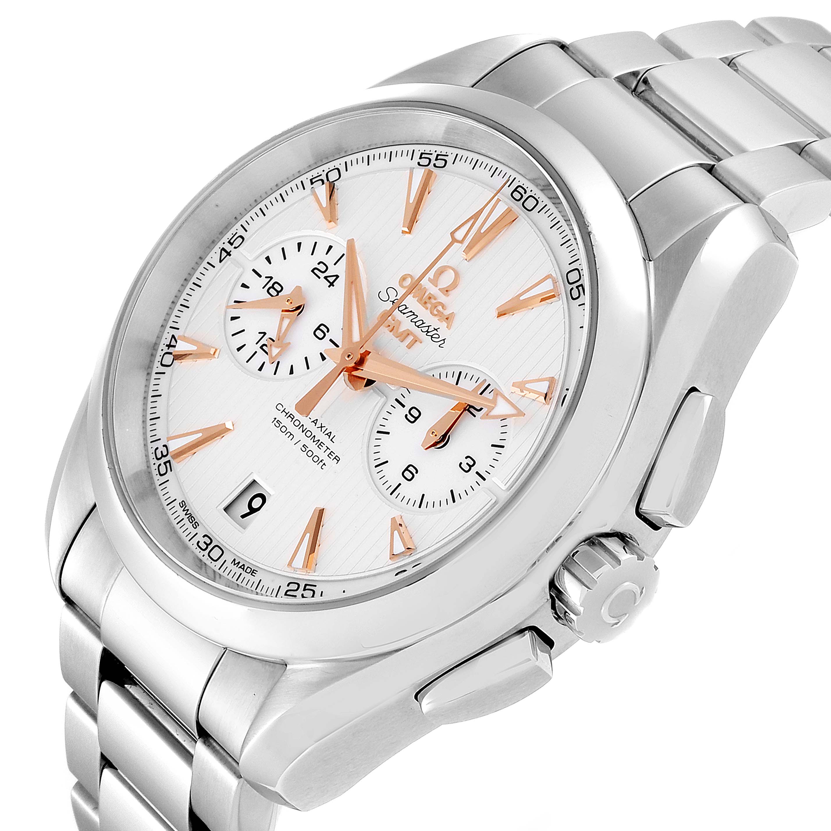 The Omega Aqua Terra 231.10.43.52.03.001 Men
s Stainless Steel Silver Dial 231.10.43.52.03.001 Men
s Stainless Steel Silver Dial watch is shown at a three-quarter angle, highlighting its dial, crown, and stainless steel bracelet.