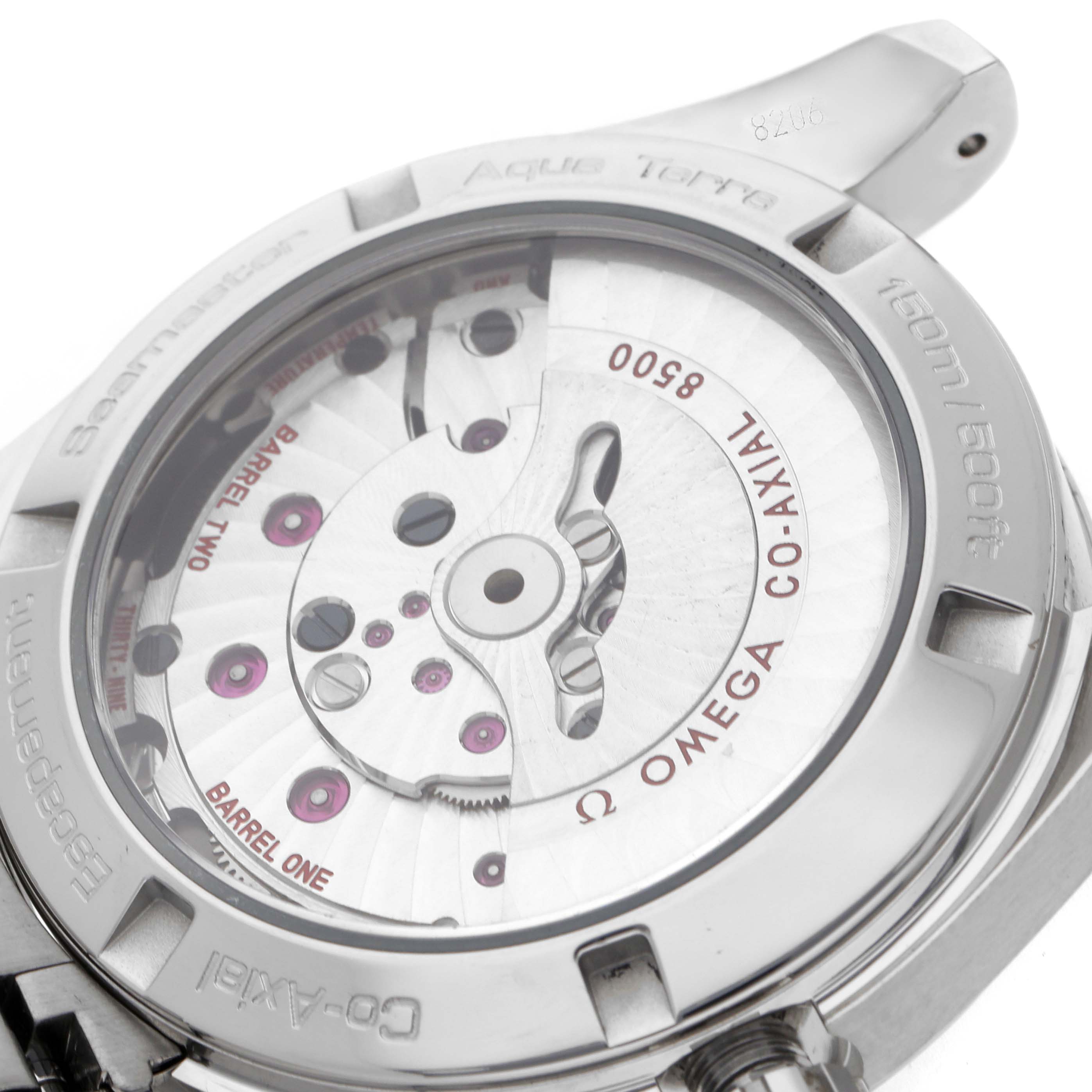 The Omega Aqua Terra 231.10.39.21.06.001 Men
s Stainless Steel Grey Dial watch is shown from the back, revealing its Co-Axial movement and case details.