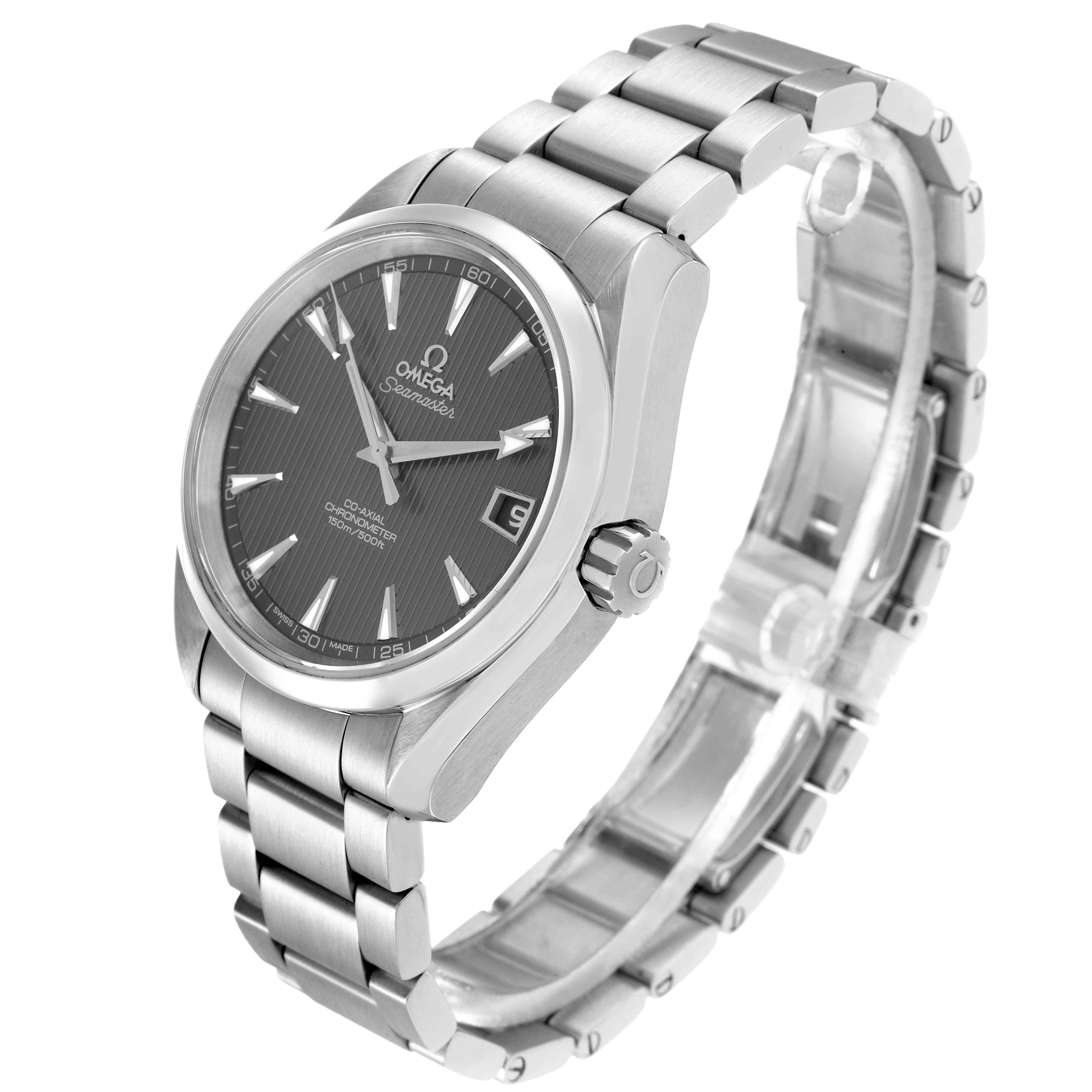 The Omega Aqua Terra 231.10.39.21.06.001 Men
s Stainless Steel Grey Dial watch is shown at an angled view, displaying the face, bezel, crown, and metal bracelet.